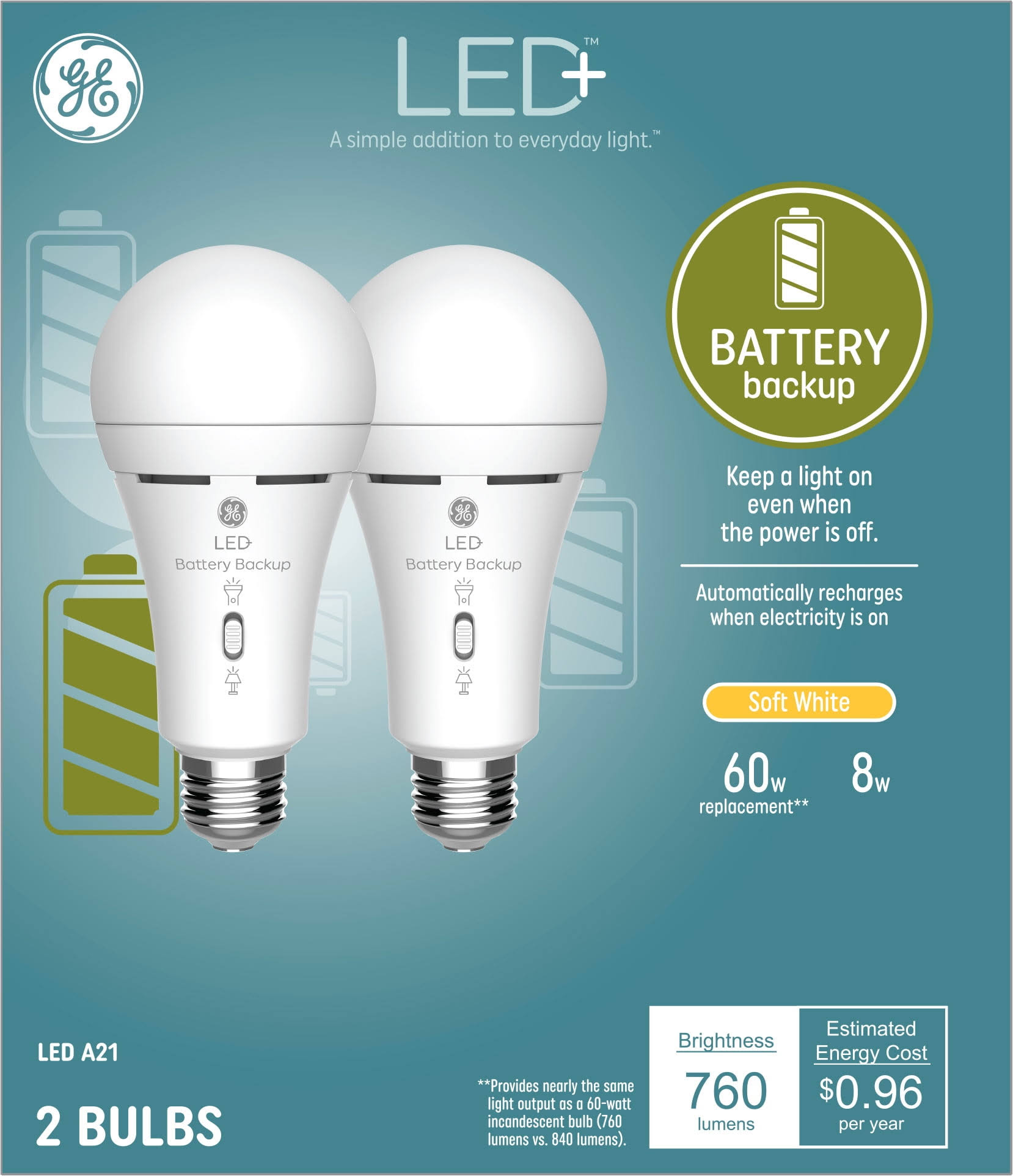 005f52a15c6b929853c6cda85e4819050ef43f481c5d3634791993492311922b.jpg GE LED+ Battery Backup, 60 Watt, Soft White, A21 Bulbs, Medium Base, 2pk, Size: 2 Pack 93130079 - Image 1