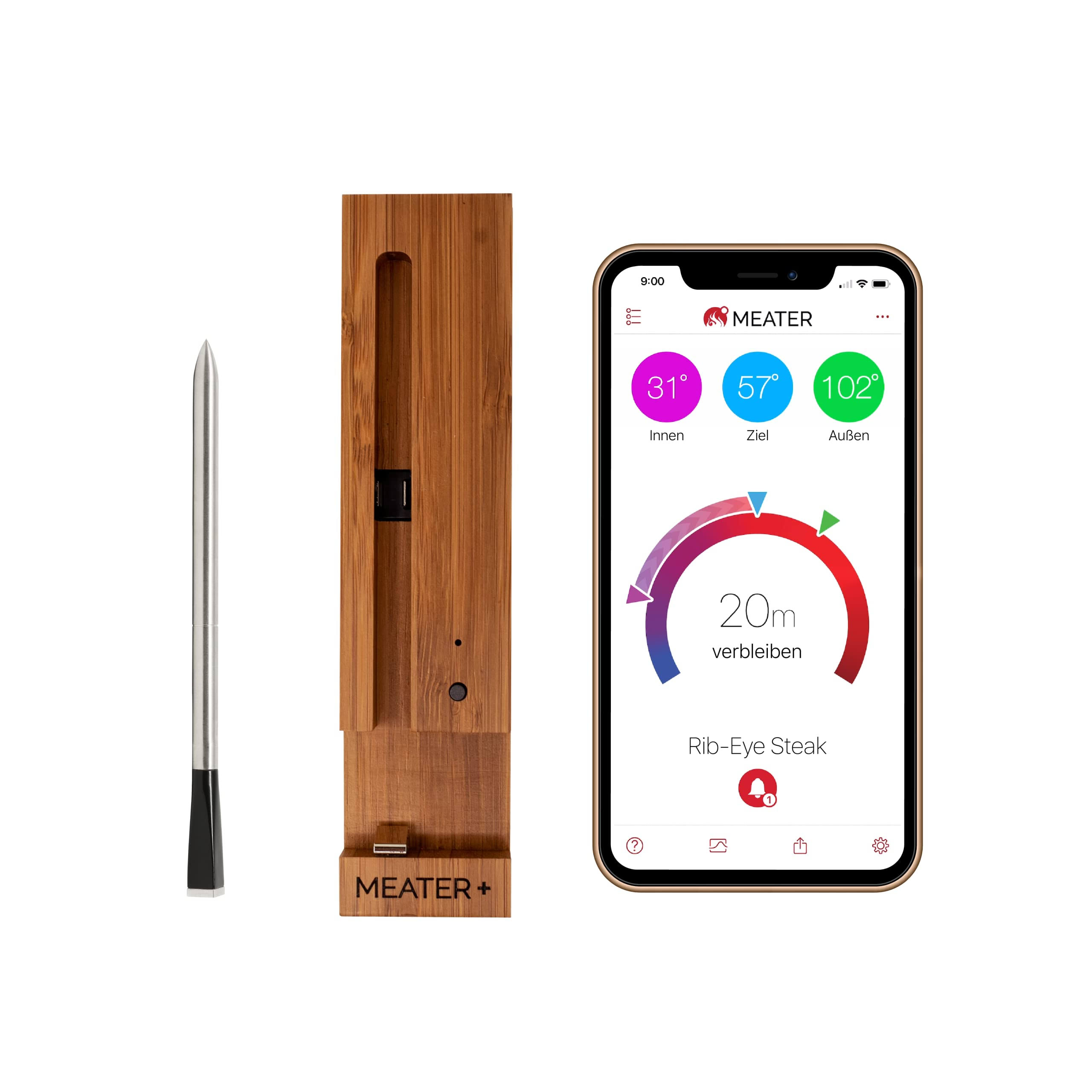 009aa96cd9fb15445fa455dfcc7c4317933b4e7165f7cf61f33d2c3f0dab3f22.jpg MEATER Plus | Bluetooth Long Range Smart Meat Thermometer | Brown Sugar Color | for Oven, Grill, Kitchen, BBQ, Smoker, Rotisserie - Image 1