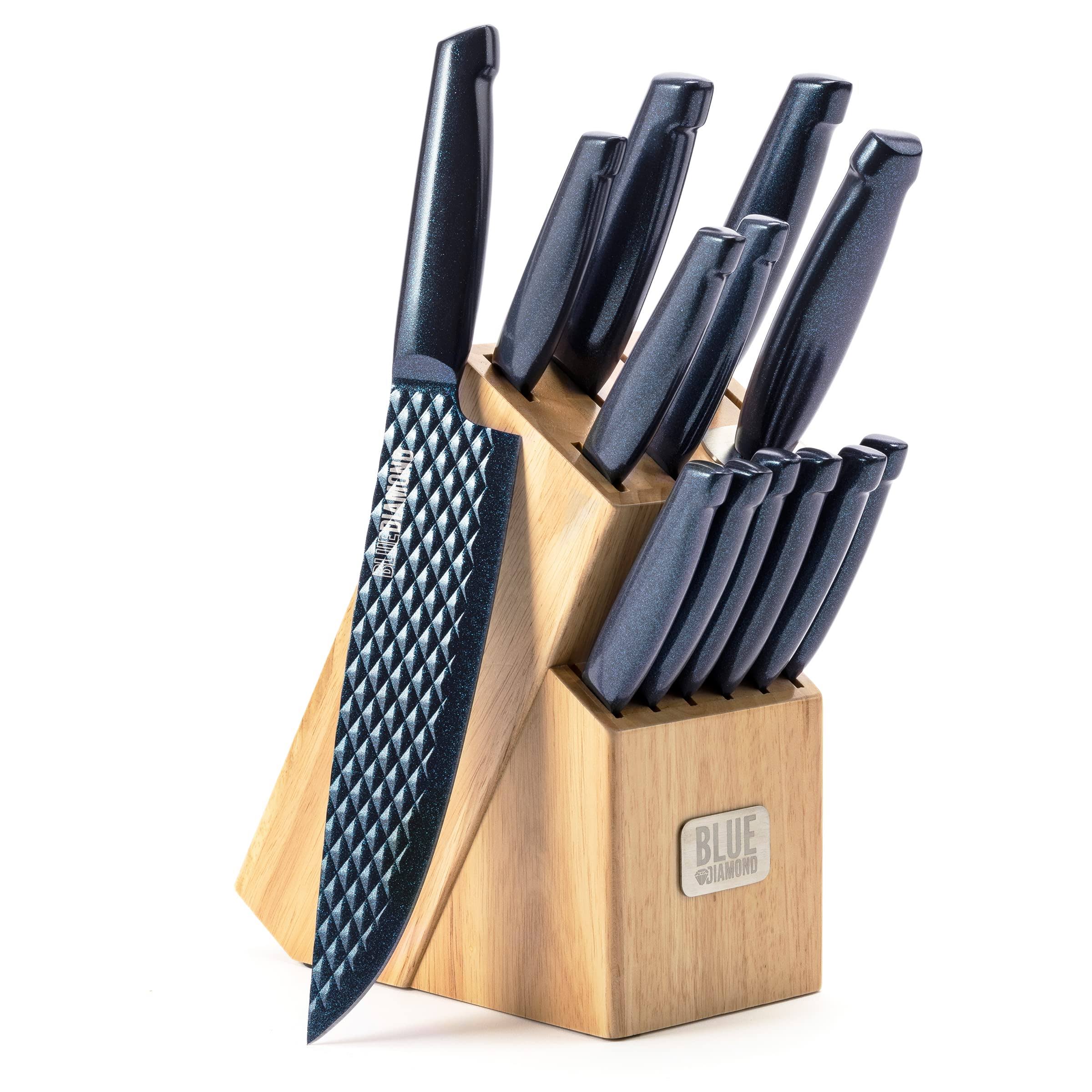 00a3d1a301a439500b910638c7118123b824add811003fa39e7b48c99348b9ca.jpg Blue Diamond Sharp Stone Nonstick 14-Piece Stainless Steel Knife Block Set - Image 1