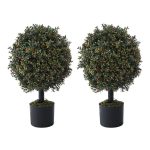 CAPHAUS Artificial Boxwood Topiary Ball Tree Set of 2, Artificial UV Resistant Bushes, Faux Potted Tree, Plant in Pot w/ Dried Moss, Fake Shrubs for