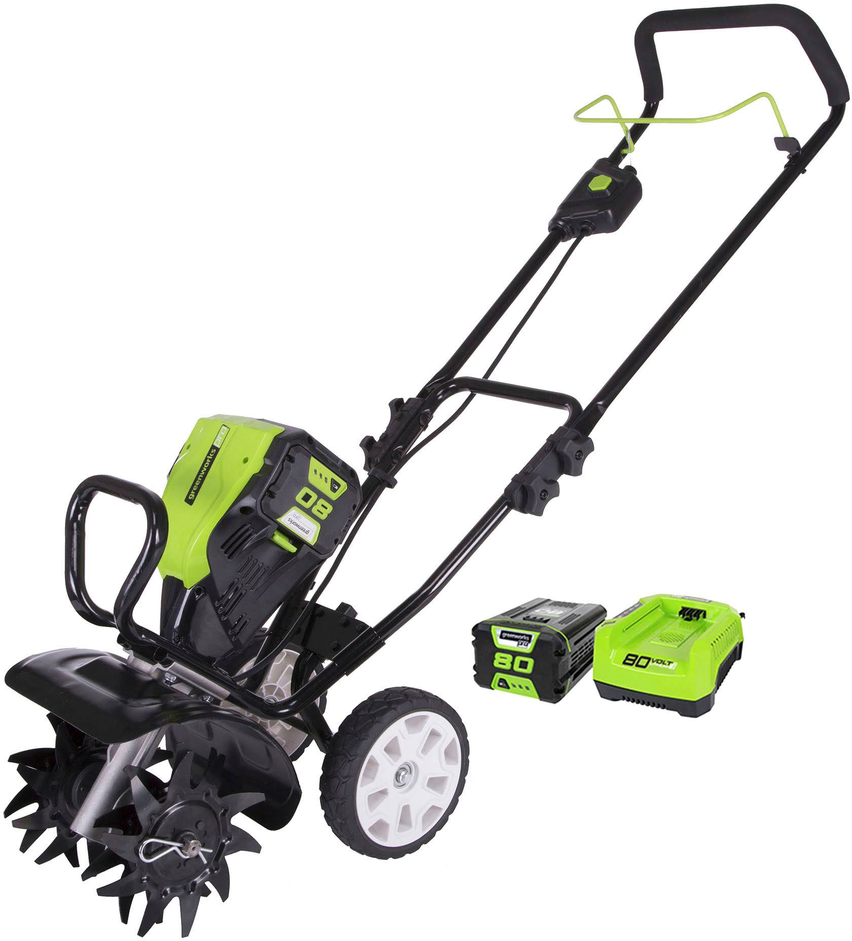 00bf43f82c4f74548902abd734e6578b1422f02a4c39d4652023252e80c61dad.jpg Greenworks TL80L210 80V 10 in. Tiller - Image 1