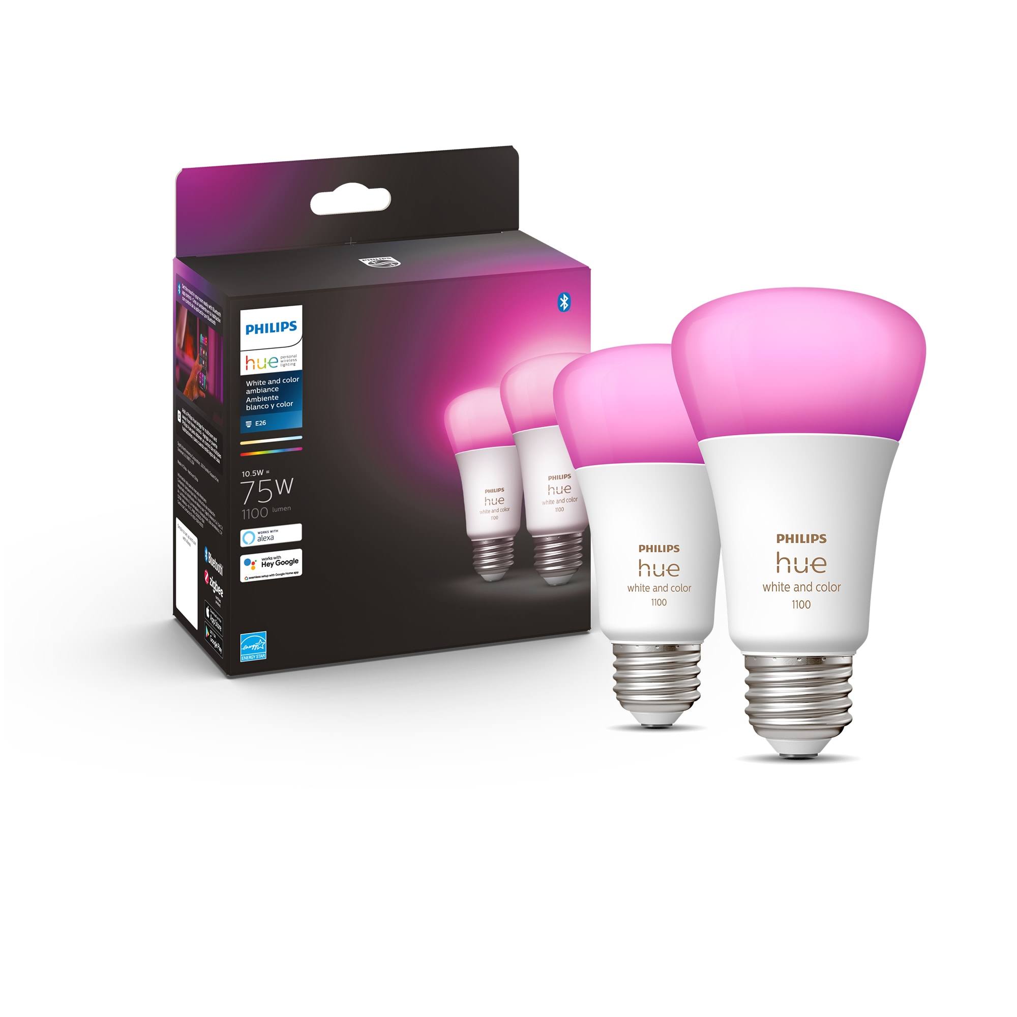 00f140730a887bfe6ed65ccb37e691b64cb67ece8a653e46b5f0d680768152d4.jpg Philips Hue White and Color Ambiance A19 Bluetooth 75W Smart LED Bulb, 2-Pack - Image 1