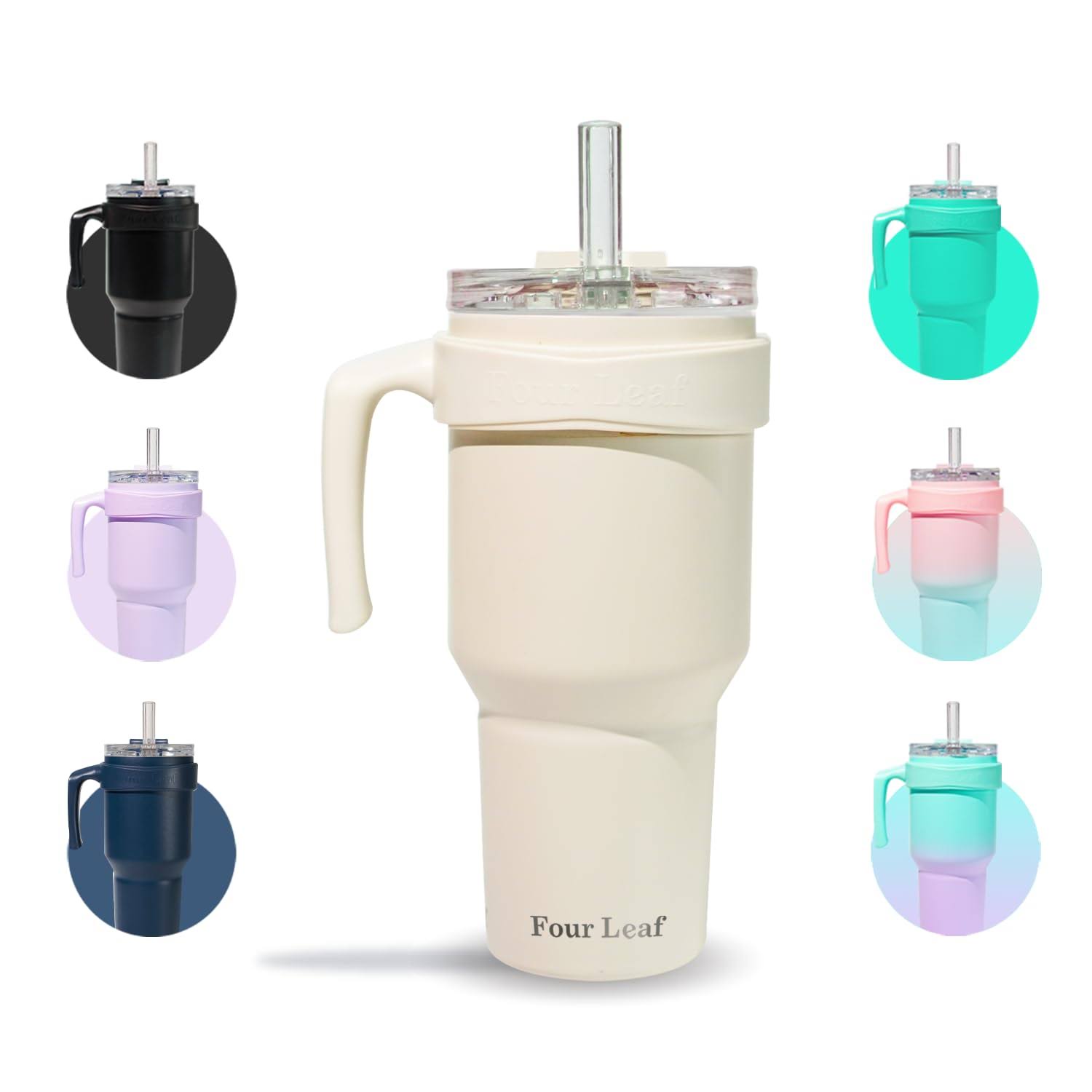 00f746e7ce8970a7415b5f25a884f99d8f82413d19610f700a886ad4fe24042f.jpg Four Leaf TrustyMate ÿ 100% Leak Proof 40 oz Tumbler with Handle and Built-In Straw Lid ÿ Insulated Leak Proof Stainless Steel Tumbler - Image 1