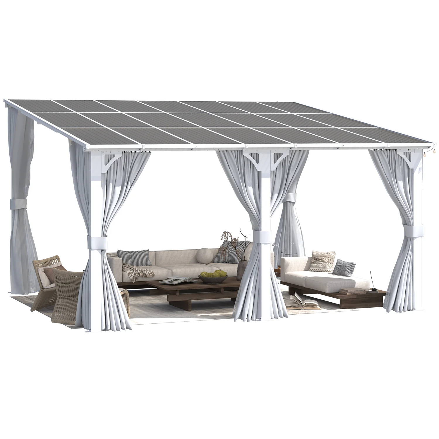 015311a6574f971dc53378393cd4fc5c7c8b49d14cea647695925c4ab18ff954.webp AECOJOY 14'x12' Wall Gazebo with Curtains and Mosquito Netting, White - Image 1