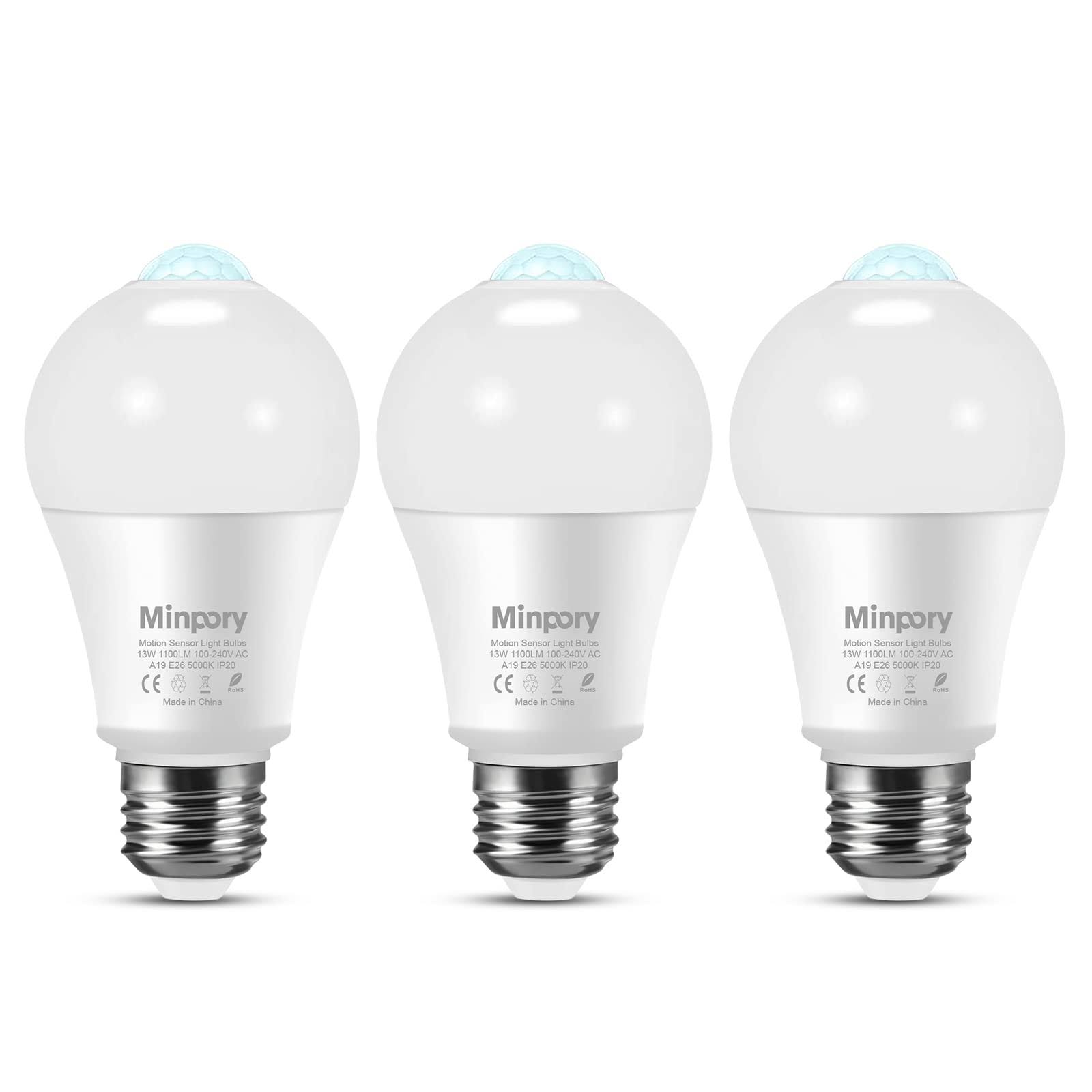 01660715276a62bdc17780948b8927dcbf1e26119b4d25dae938fcc601505446.jpg Minpory Motion Sensor Light Bulbs, 13W(100W Equivalent) Motion Detector Auto Activated Dusk to Dawn Security LED Bulb, A19 E26 5000K Daylight Outdoor/Indoor - Image 1