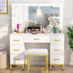 PAKASEPT Vanity Set with Lighted Mirror, Makeup Vanity Dressing Table with 14PCS LED Bulbs, Cushioned Stool & 7 Drawers, Large 44" White Vanity for Bedroom, Powder Room