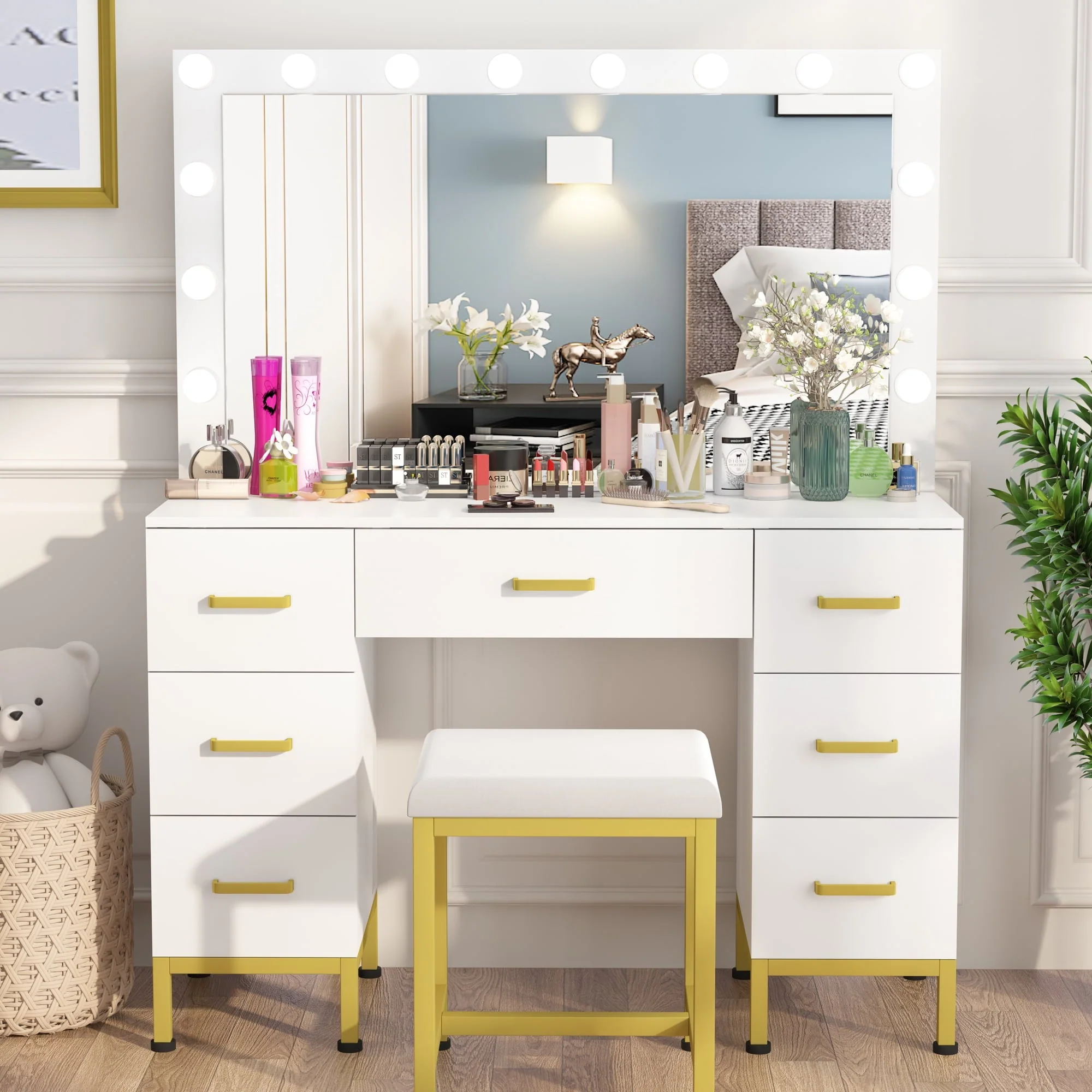 0178ca2058172c6d6fbfd65f9fb6c8a44aa80f2ab5fbfbc679f09f9f044d4ee8.webp PAKASEPT Vanity Set with Lighted Mirror, Makeup Vanity Dressing Table with 14PCS LED Bulbs, Cushioned Stool & 7 Drawers, Large 44" White Vanity for Bedroom, Powder Room - Image 1