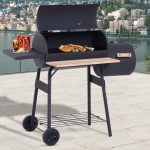 Outsunny 48 in. Steel Portable Backyard Charcoal BBQ Grill and Offset Smoker Combo in Black with Wheels and 2 Storage Shelves
