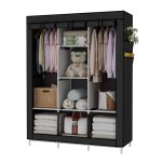 UDEAR Portable Wardrobe Closet Clothes Organizer Non-Woven Fabric Cover with 6 Storage Shelves 2 Hanging Sections and 4 Side Pocketsblack, Large