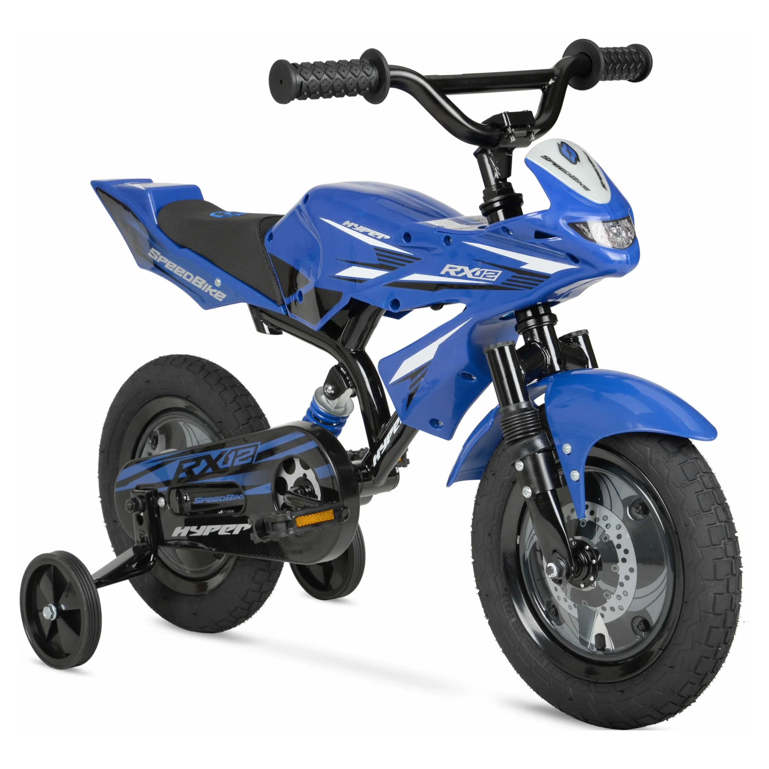 01d849ab070e4b93794e2cbbf63ba24e66d45ea1e7abab02170c30f3c7e5346b.webp Hyper Bicycles 12" Boys Speedbike for Kids, Blue, with Training Wheels - Image 1