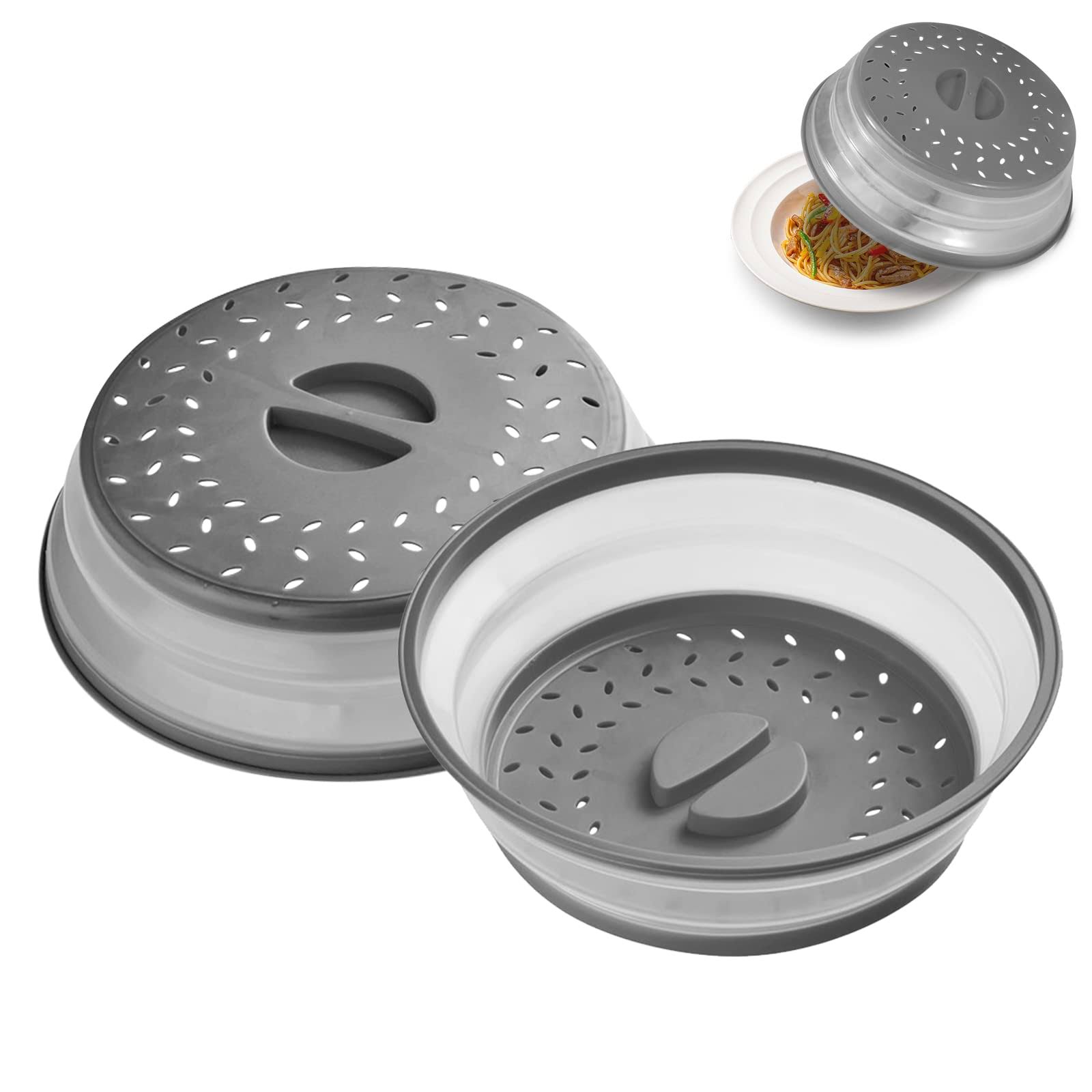 01e940e3adad687ce762abdac1fd671c465a818803922b52ad6ce1595ca7898f.jpg 2 Pack Collapsible Microwave Cover Splatter Proof Food Plate, 10.5 inch Round with Grip Handle, Kitchen Gadgets Dishwasher Safe and BPA Free - Image 1
