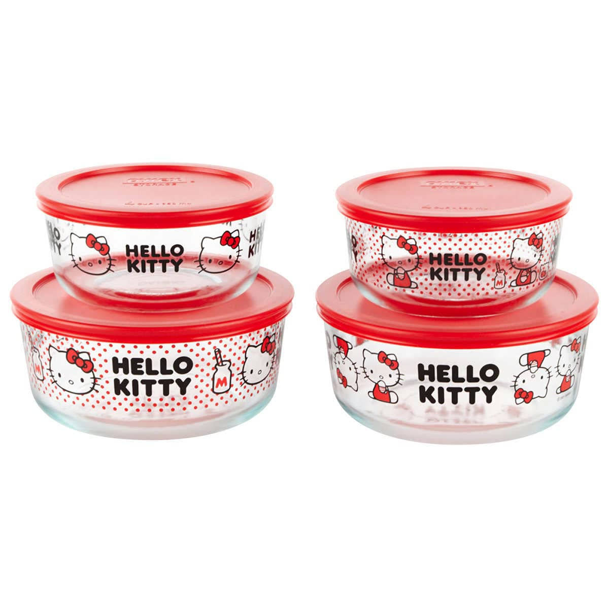 022cad4157781e6ac916bfdd8dc5700b03b65463cb8572ed59edff4b0b890d0a.jpg Pyrex Glass 8-Piece Hello Kitty Decorated Food Storage Set - Image 1