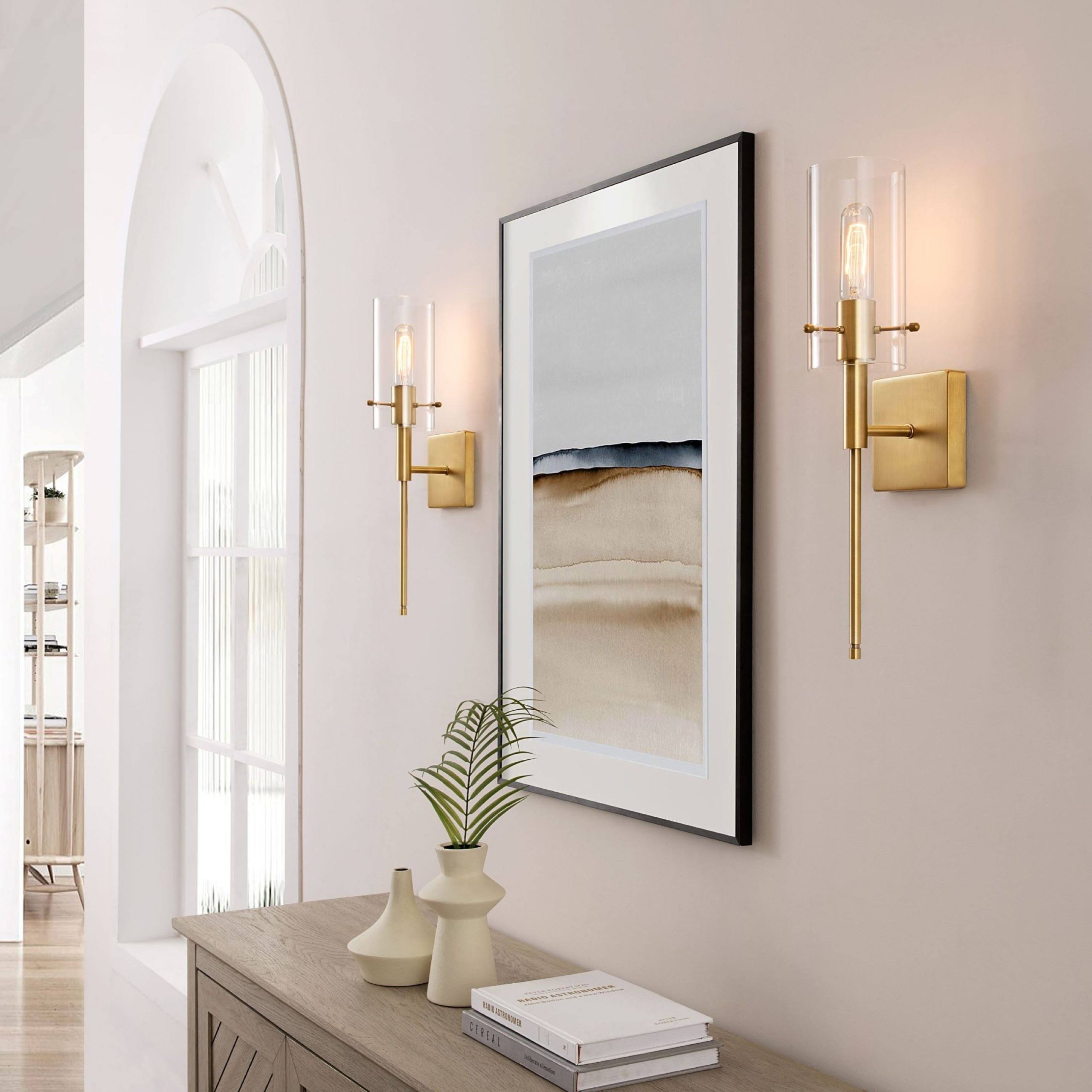 02781ee8283a4afbb911517404c72e1a1aad3aee98ed7bdc93fd27443f5a0dec.jpg 1-Light Gold Cylindrical Armed Sconce Set with Glass Shade (Set of 2) - Image 1