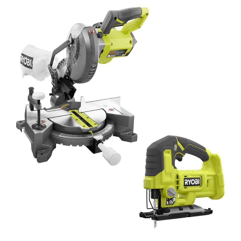 028ab9a7c00a8035c69e7aa2802e2071b11aaeab3e25aab3f55470681ef5b305.jpg Ryobi One+ 18V Cordless 2-Tool Combo Kit with 7-1/4 in. Compound Miter Saw and Jig Saw (Tools Only) - Image 1