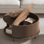 JOINICE Round Coffee Table with Storage and Sliding Door, Mid Century Modern Wooden Center Table, for Living Room, Walnut