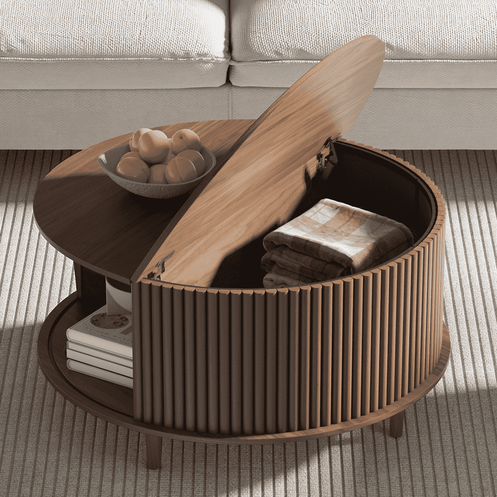 02adc228bd57246368e41e1c9ad1e78d3f7bc3b4f2ae748f2a3a6da85d73211e.png JOINICE Round Coffee Table with Storage and Sliding Door, Mid Century Modern Wooden Center Table, for Living Room, Walnut - Image 1