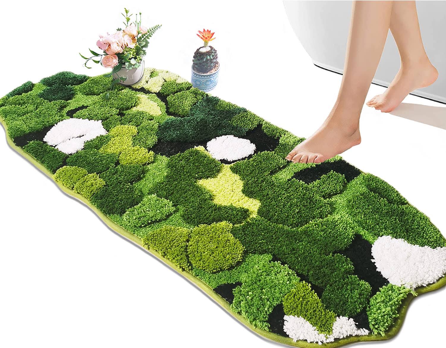 02d07c03e4c7790d21019b4958797c39a642cf68edd1c7a2becf4ec033449e58.jpg Hifuwan Cute Green Moss Bathroom Runner Rug Long Rectangular Boho Aesthetic Leaf Leaves Bath Mat Shaggy Non Slip Absorbent Shower Mat Decor - Image 1