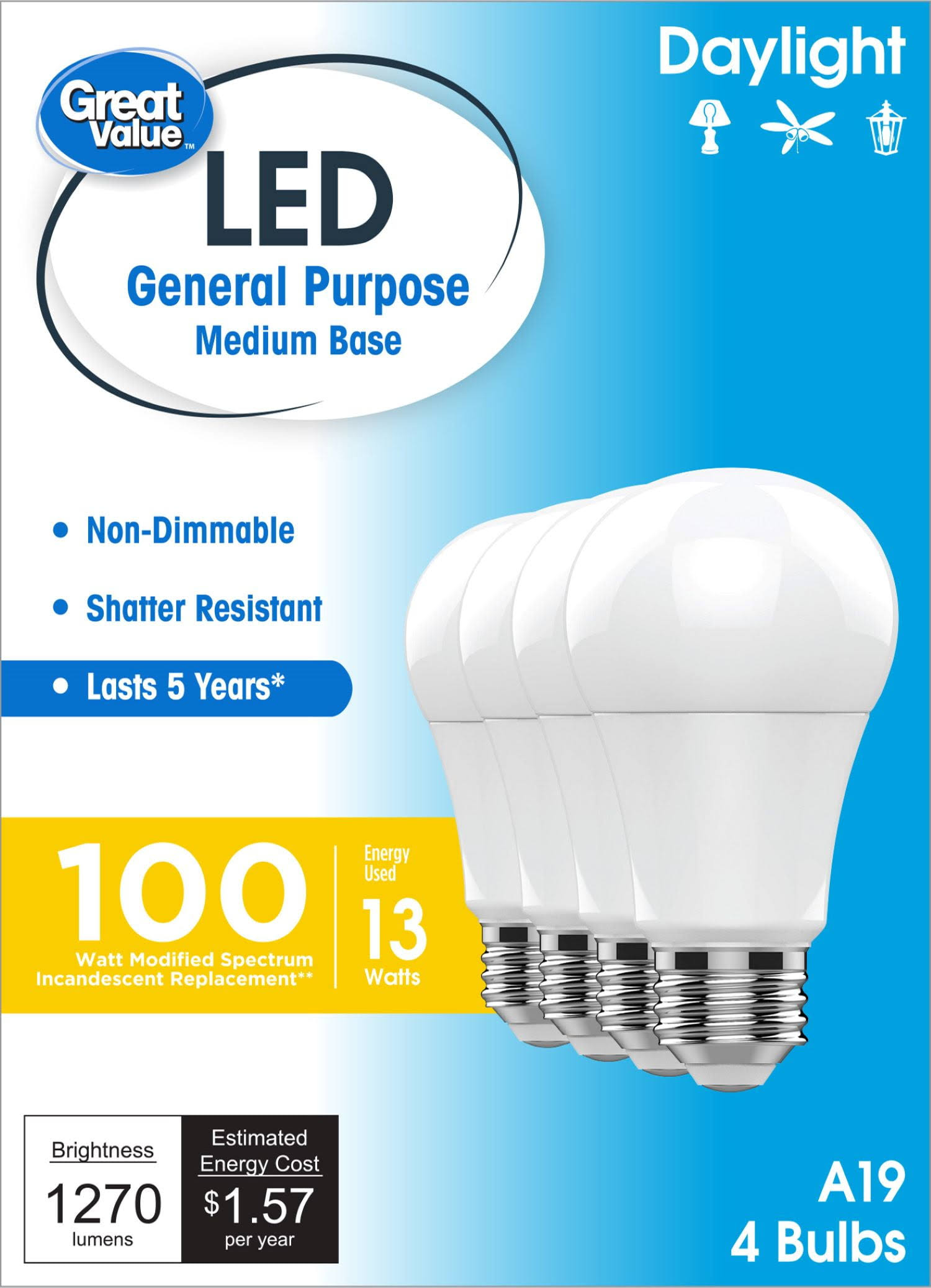02d81a6d3596891afdd8f6291283d541681527e1503a3febbf90fa28496e0485.jpg Great Value LED Light Bulbs, 100 Watts Eqv, Daylight, A19 General Purpose Light Bulbs, 5YR, 4pk 93131092 - Image 1