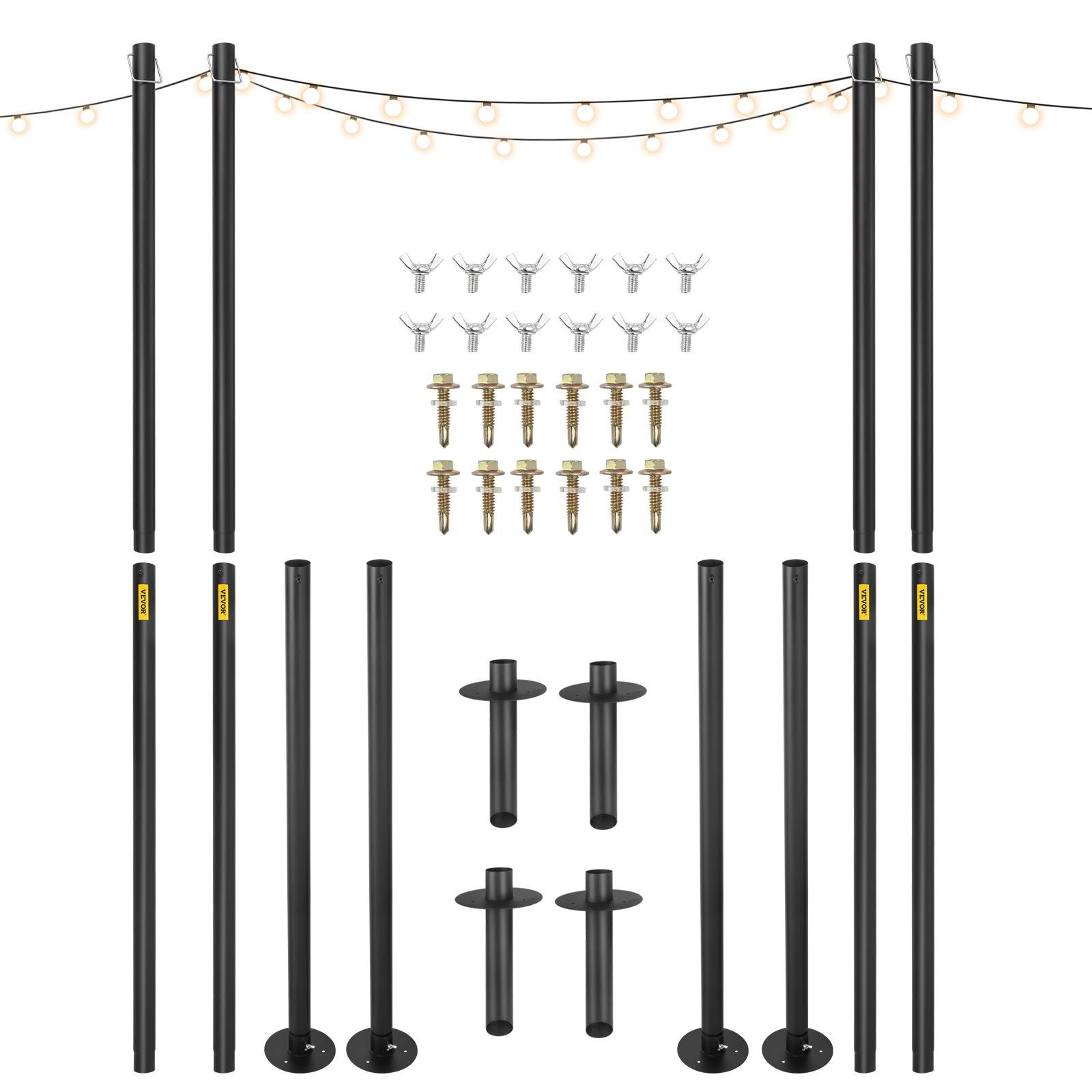 02f4cc1aa3a9dd236f8c968654452eec284c340a3d3a27b98a4156beedfc0092.jpg VEVOR String Light Poles, 4 Pack 10.6 ft, Outdoor Powder Coated Steel Lamp Post with Hooks to Hang Lantern and Flags, Universal Mounting Options to de - Image 1