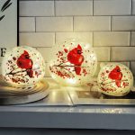 Kaowod Red Cardinal Accent Lamp - Crackle Glass Globe with LED Light, Stained Glass Bird Decor for Christmas, Desk or Table