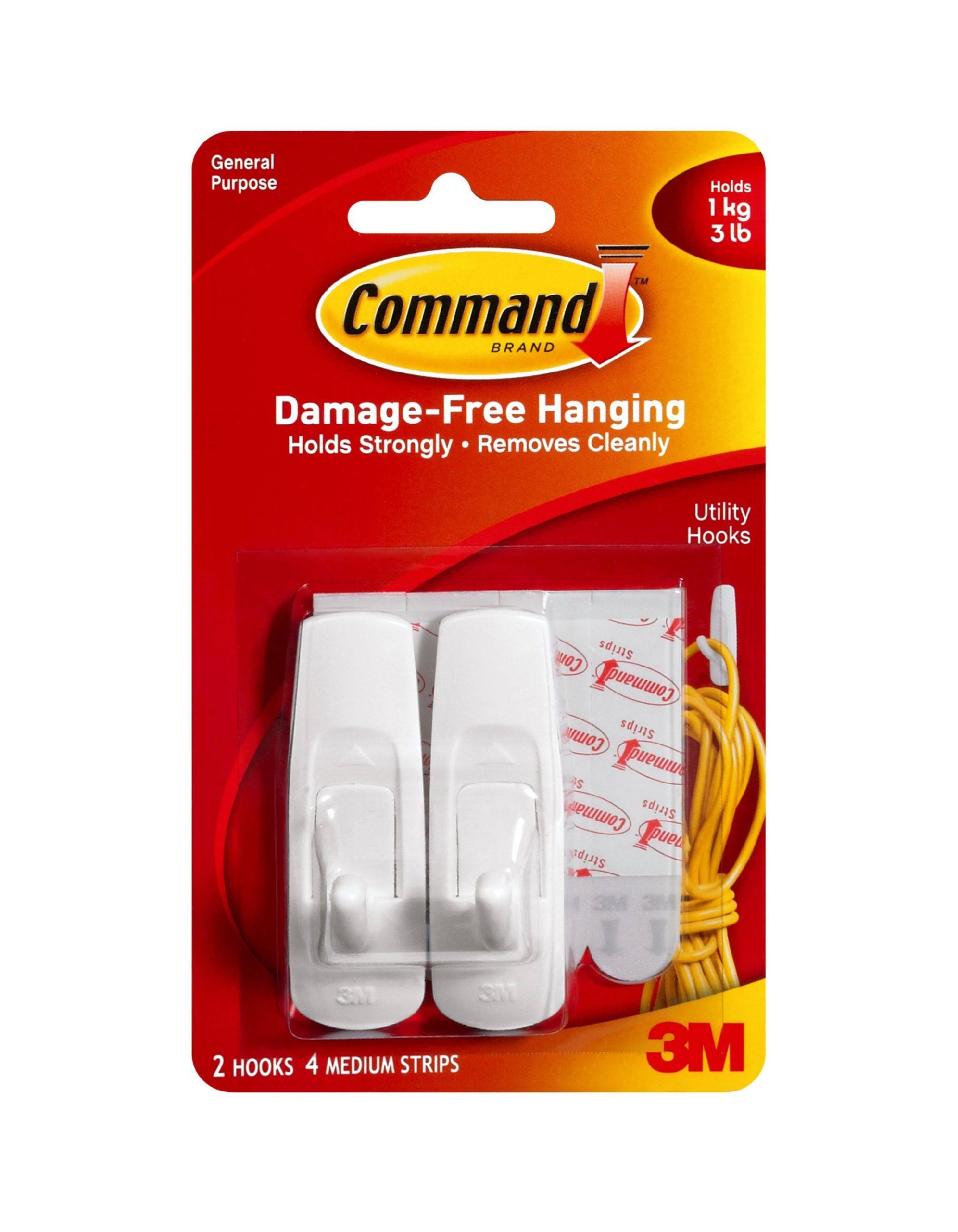 03e36aaa4d9de26fce18780e69ca47116cce02455edb9a26e9030769407a6bf0.jpg 3M Command Adhesive Utility Hook, Medium, White - 2 pack - Image 1