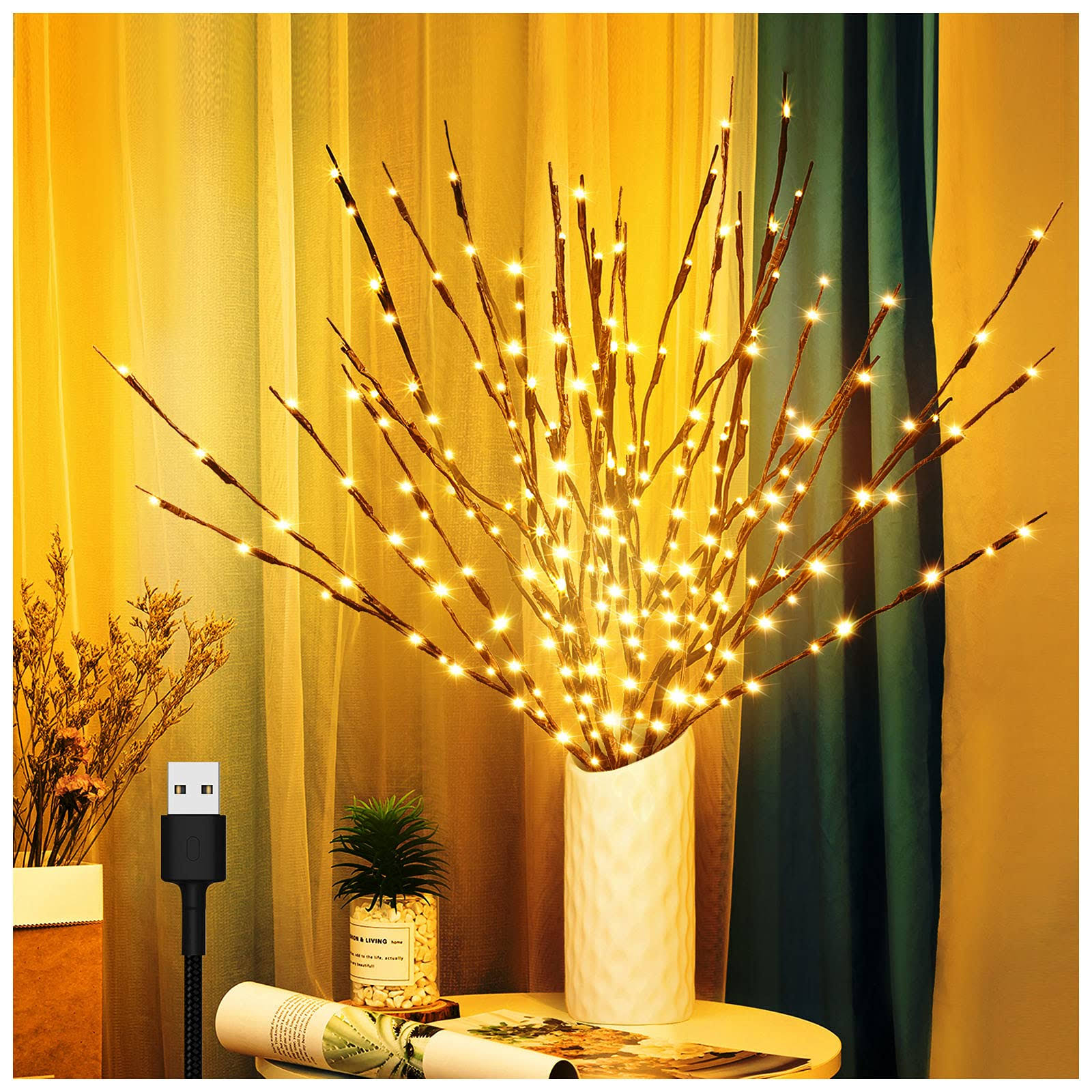 03e4d6052c18a5e310759e863aeb6d354045a72f27d2d1f8f314f1a22b3a2030.jpg 3 Pack Twig Lights, Prelit Branches, USB Plug in Branches Lights with 60 LED Bulbs, Romantic Decorative Iights for Vase, Lighted Tree Branches for in - Image 1