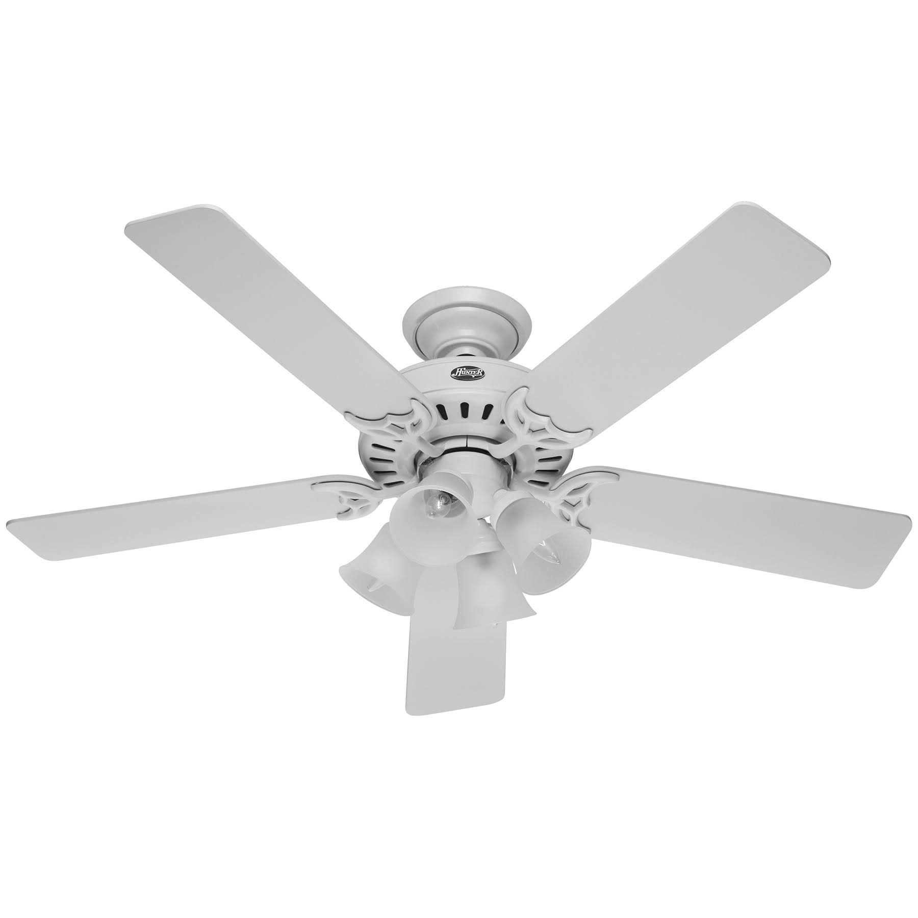 045707af3ab051eaf98a18c1766a342c865bda3074f3c8b683baab6fe0f10d71.jpg Hunter Studio Series 52" Ceiling Fan with 4-Light Kit - White - White/Bleached Oak Blades - Image 1