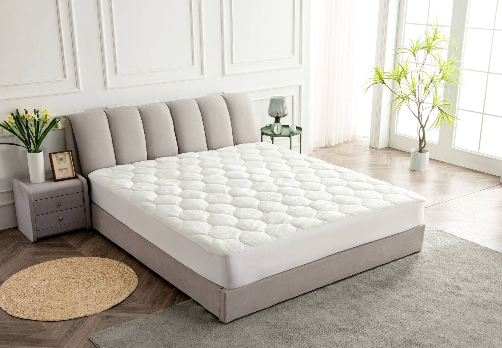 045d84f44033809e640538b1b33115e5607ed1456fe61c42b51d2680b5e7f461.jpg Cal King Size Waterproof Premium Mattress Pad by Slumberfy ÿ Quilted Fitted Bamboo Mattress Protector - All Natural & Breathable Fabric, Cooling - Image 1