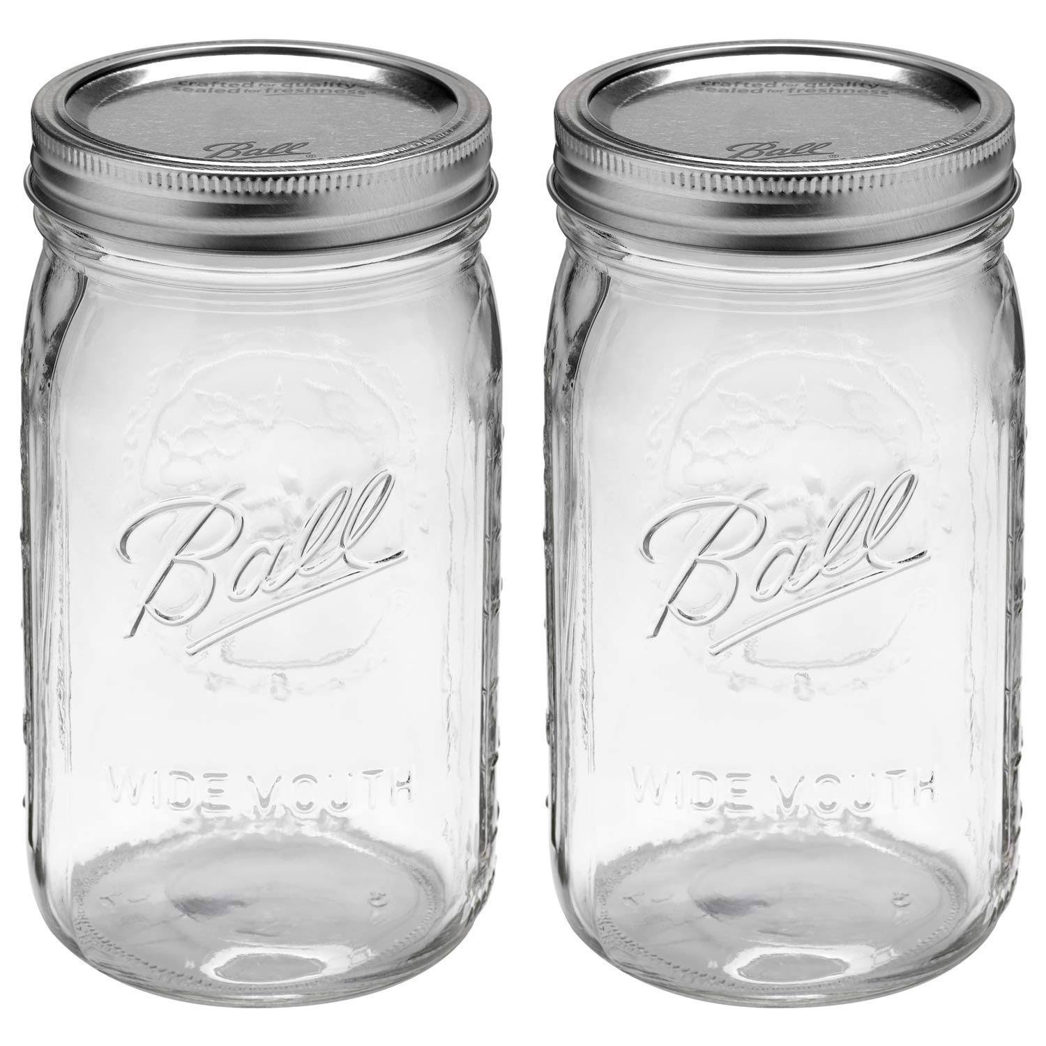 049a9b208679cbd51d479ddcc5ad1bf899131ef829a868ca6a46e448ffe601fb.jpg Ball Wide Mouth 32-Ounces Quart Mason Jars with Lids and Bands, Set of 2, Green - Image 1
