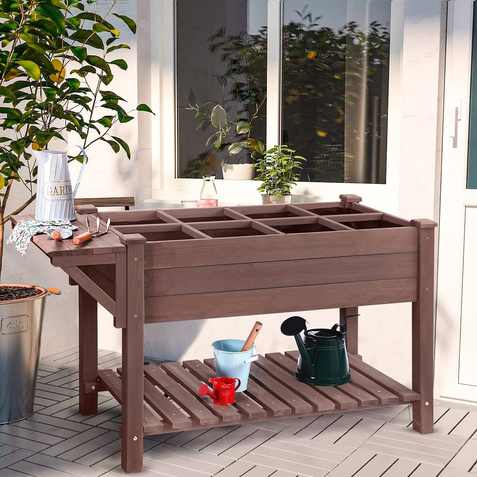 04aeabfbdc20505a3f0b70c66d16703677adc80a31c1fc2340c065b6c11845f4.jpg Aivituvin Raised Garden Bed, Elevated Plant Boxes Outdoor Large with Grow Grid - with Large Storage Shelf 52.7" x 22" x 30" - Image 1