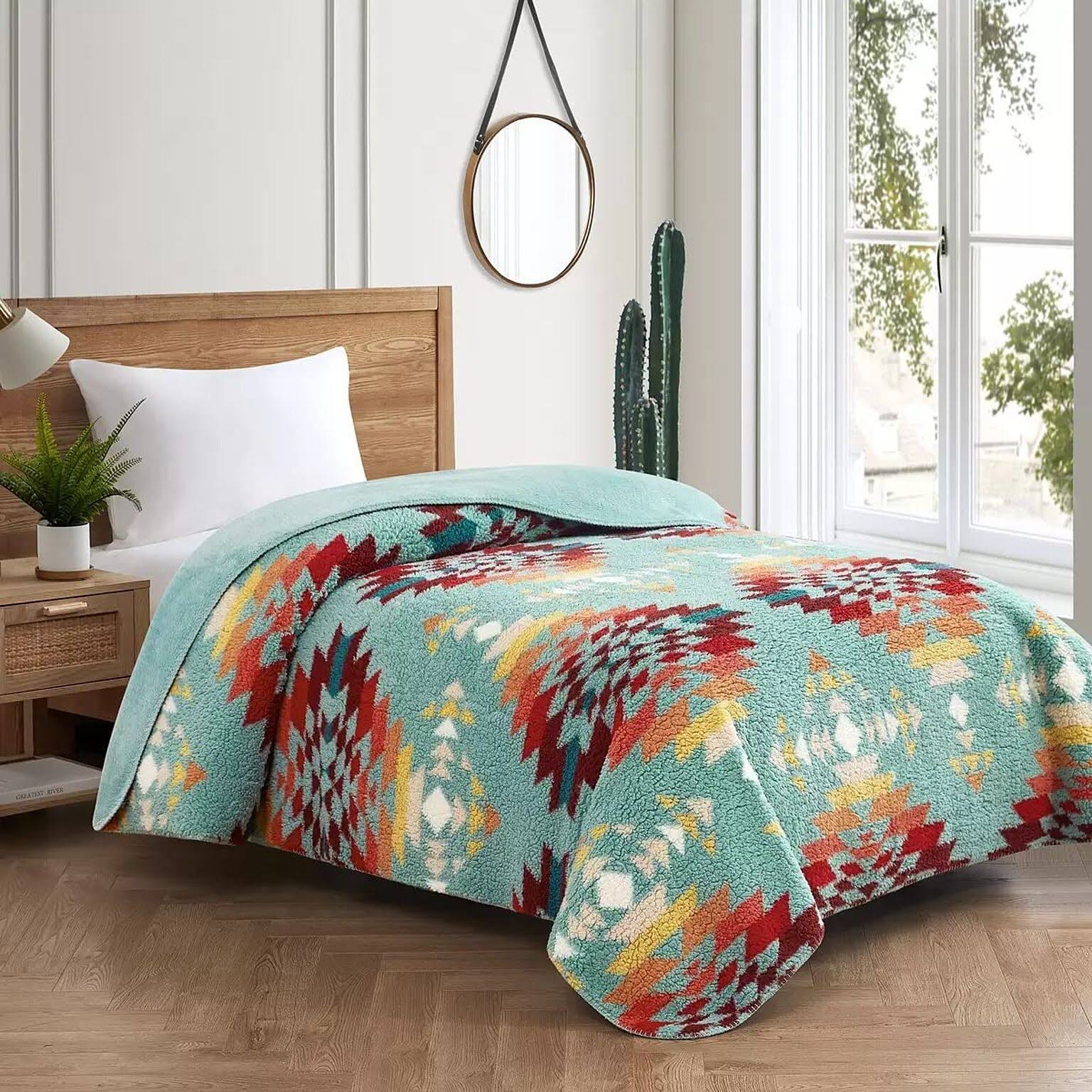 04b049f5a172a9b50cd7fcc6af1a4dc6189acc58e086d6632862a0a932f27cbb.jpg Pendleton Sherpa Fleece Twin Blanket Legend Lake Aqua 66 in x 92 in Reversible - Image 1