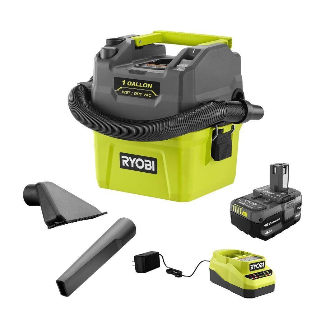 04f4f86c6194f1564151cf7933777bfad3f0f2aafe31a34a748e965030cf5bed.jpg Ryobi One+ 18V Cordless 1 gal. Wet/Dry Vacuum Kit with 4.0Ah Battery, Charger, and 1-1/4 in. Crevice Tool and Utility Nozzle, Greens - Image 1