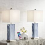 360 Lighting Connie Modern Table Lamps Set of 2 with USB Charging Port Rectangular Blue White Fabric Shade for Living Room Bedroom Bedside