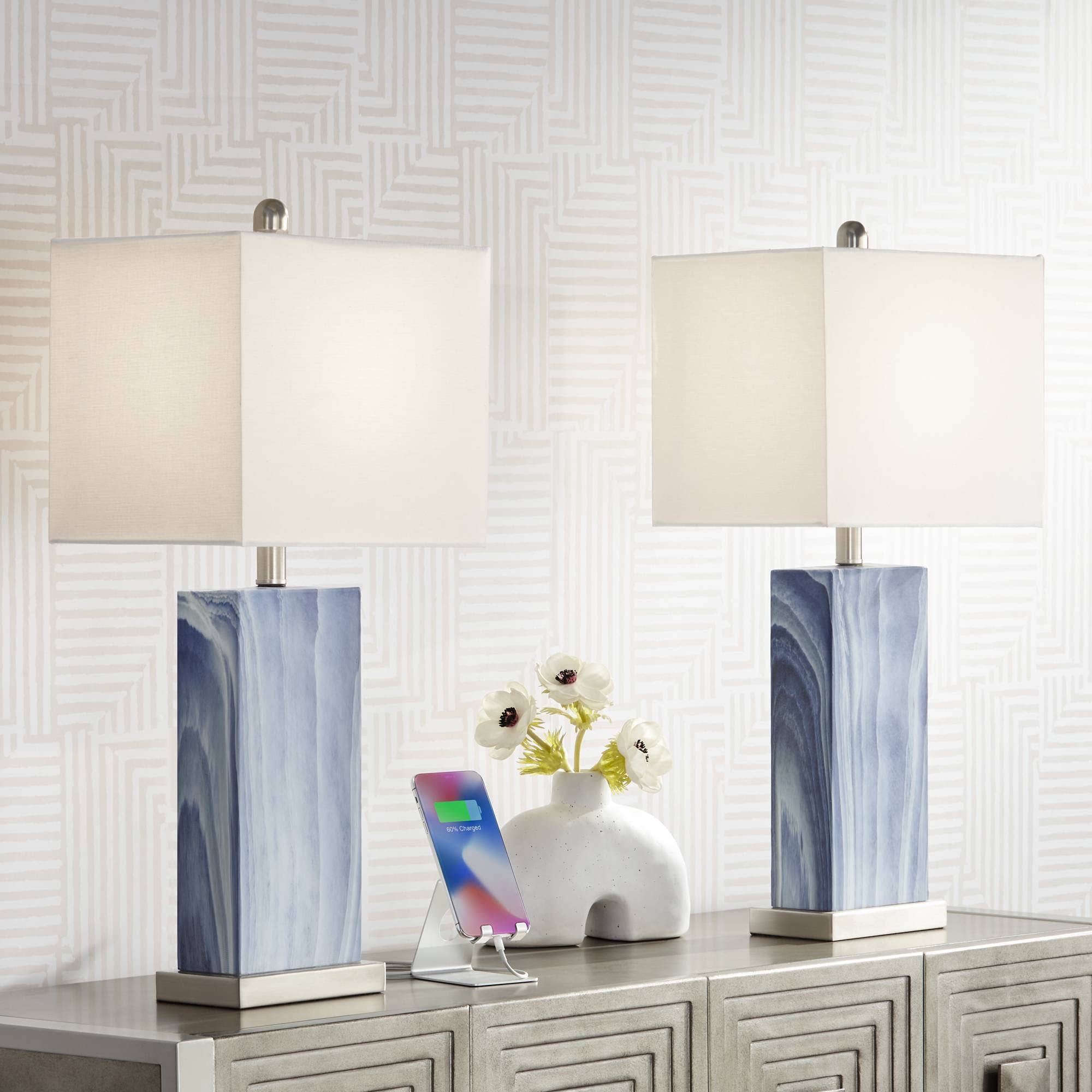 051e0cc74917e42c75932ab345ef2c57121b13a4f957c2c236ff10680aff1b3f.jpg 360 Lighting Connie Modern Table Lamps Set of 2 with USB Charging Port Rectangular Blue White Fabric Shade for Living Room Bedroom Bedside - Image 1