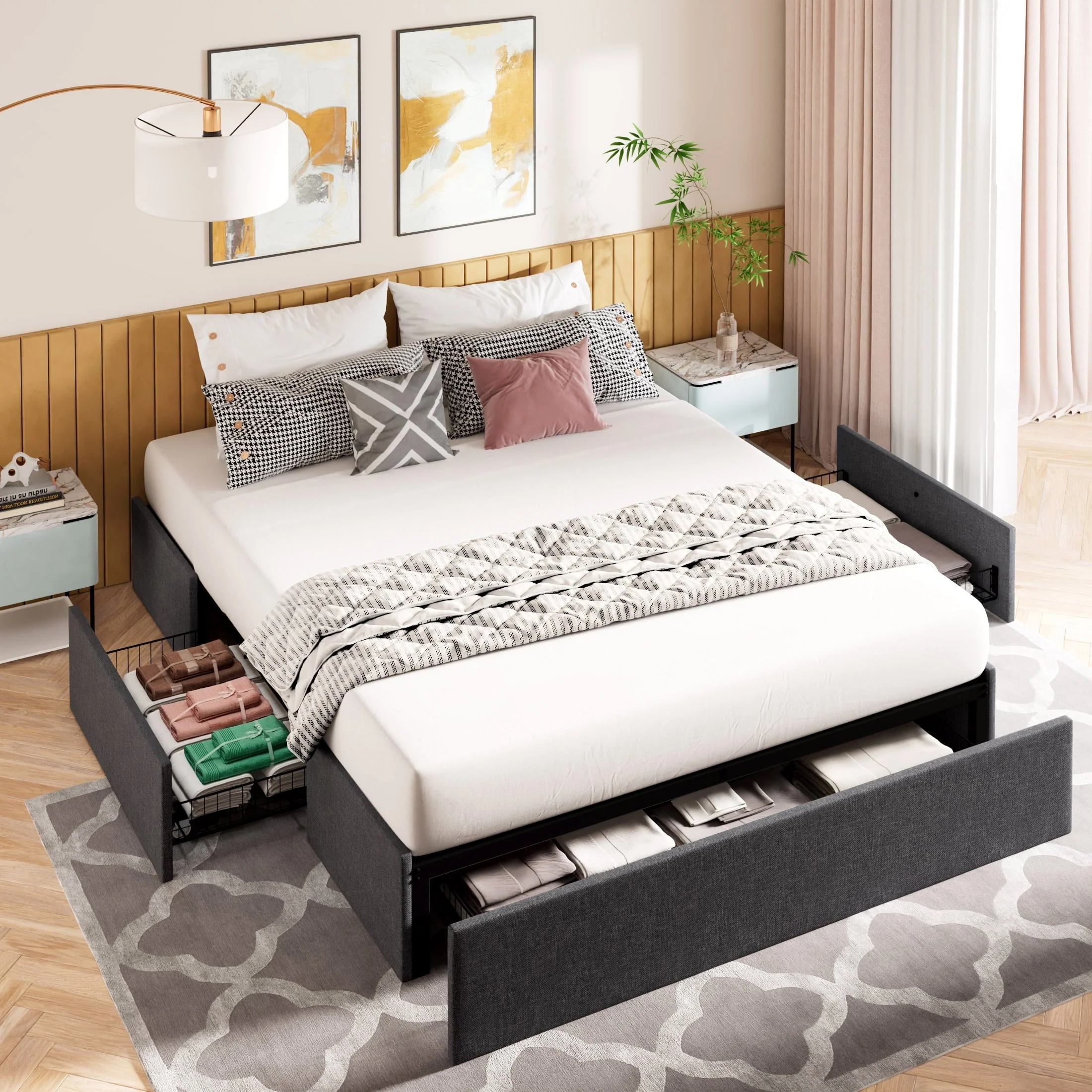 0528d5c526509772b427237e499e42a27f375b4e733624a6ae4b151cc01cc102.webp Amolife Queen Size Upholstered Platform Bed Frame with 3 Storage Drawers and Wooden Slats, Dark Grey - Image 1