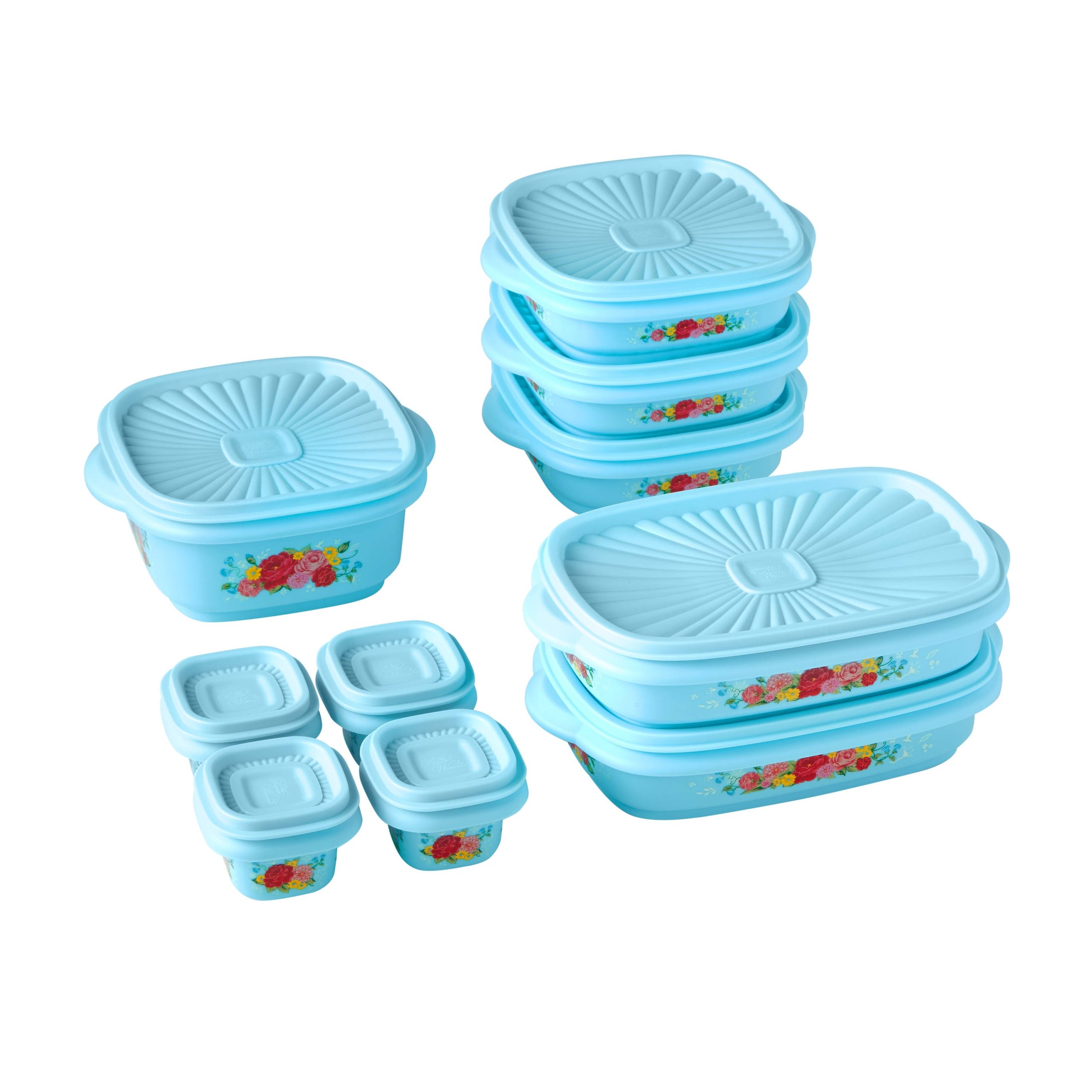 0538fb3b96e5c85d0eb1315f23bf3723c0c9174a1bc6e50e6110c7cc74ac55ee.jpg The Pioneer Woman 20 Piece Plastic Food Storage Container Variety Set, Sweet Rose - Image 1