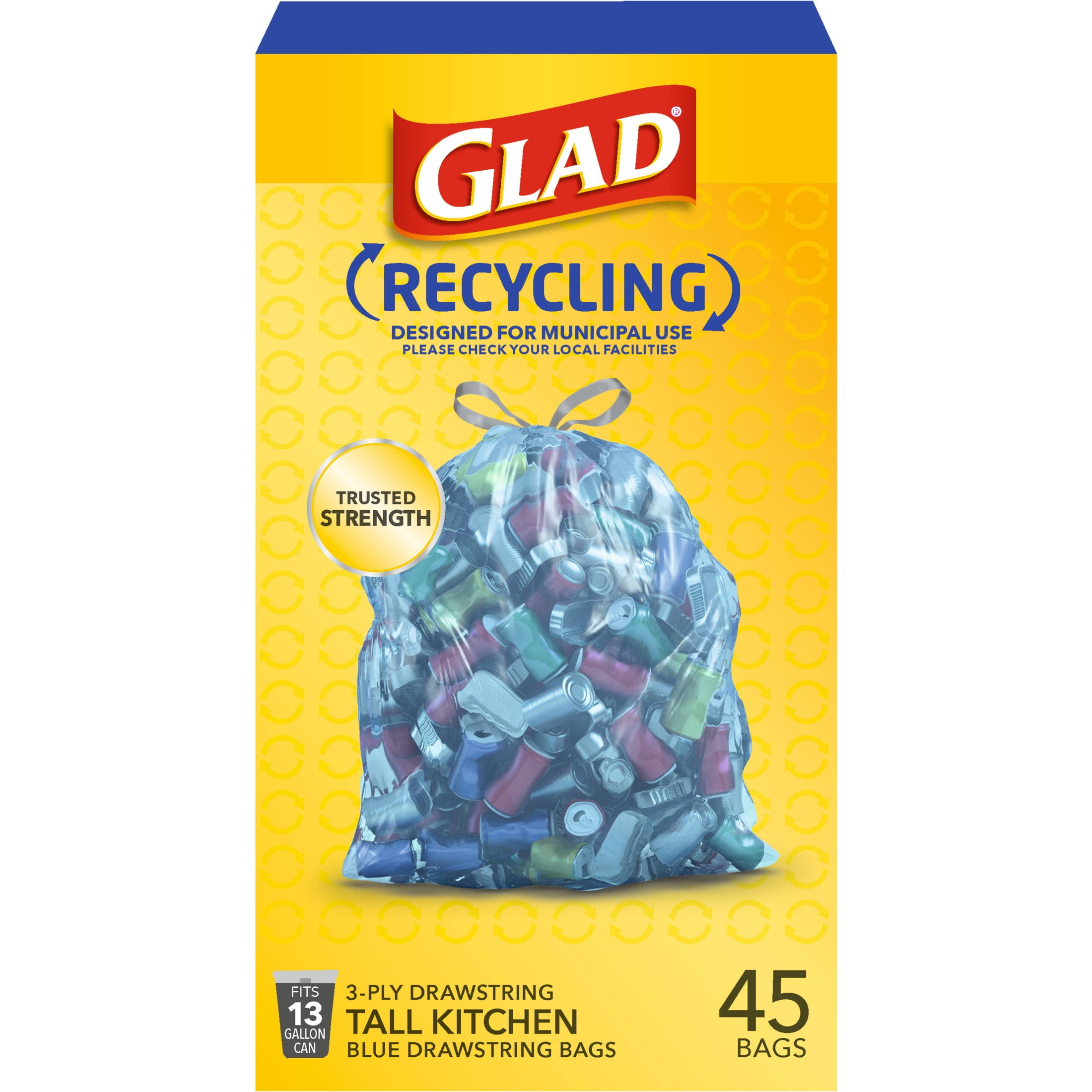 05584a8a254df5b5448c5fe3d0ed9eacbc5316f092827edeec3dd640ded1fb8b.jpg Glad Recycling Tall Drawstring Kitchen Trash Bags, Blue, 13 Gallon, 45 Count - Image 1