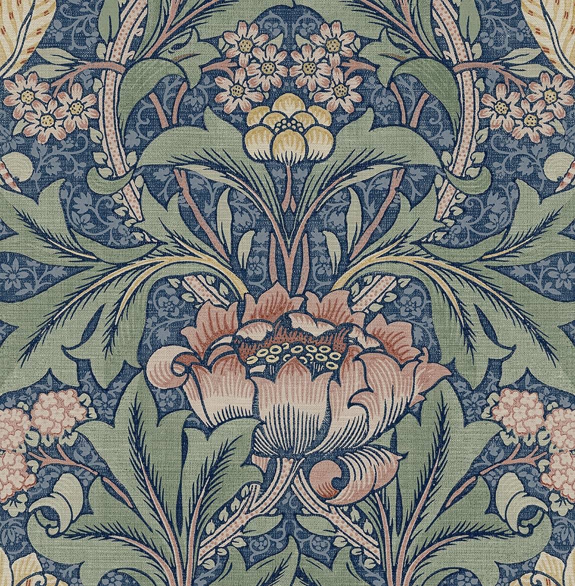 058a65b1e2bcde6847334558ba0200b2dc47322c83e1dee74690ff5667c89d8f.jpg NextWall Morris Flower Peel and Stick Wallpaper - Denim Blue Salmon - Image 1