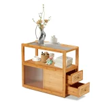 AECOJOY Rattan Nightstand, Boho Mid Century Modern Coffee Side End Table with 360 Degree Hidden Pulleys, Removable Desktop, Strip Sliding Door & 2 Drawers