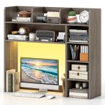 Tangkula Desktop Bookshelf with LED Lights | Desk Hutch with 8 Shelves for Max 25" Monitor