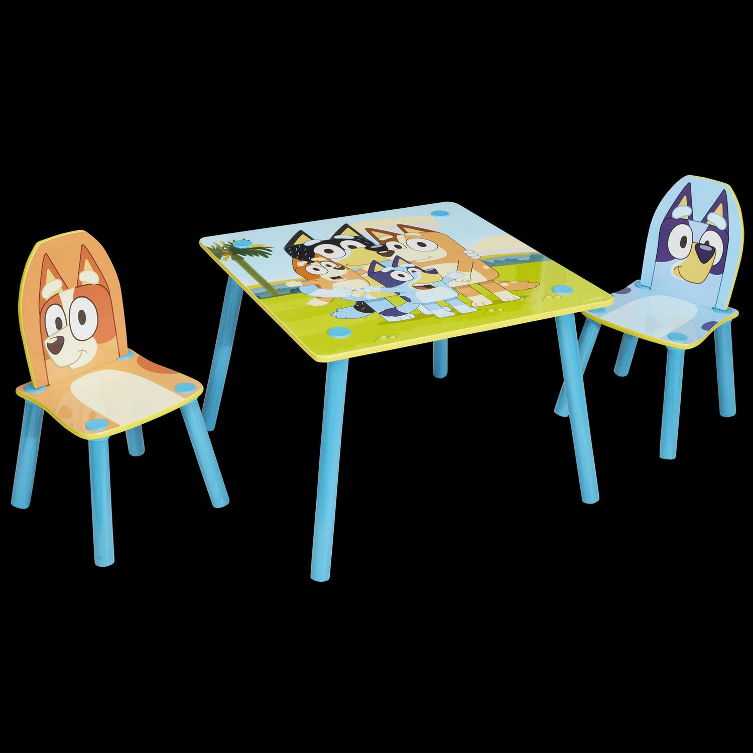 060dd2258f20c041fdeb4aac88b0e81fcc8d397396aed88c89ebf840f34e488d.jpg Bluey. Wooden Kids Table and 2 Chairs Set. 23.2 x 23.2 x 17.1 in Bluey and Bingo Chairs. Preschool. 18 M+ - Image 1