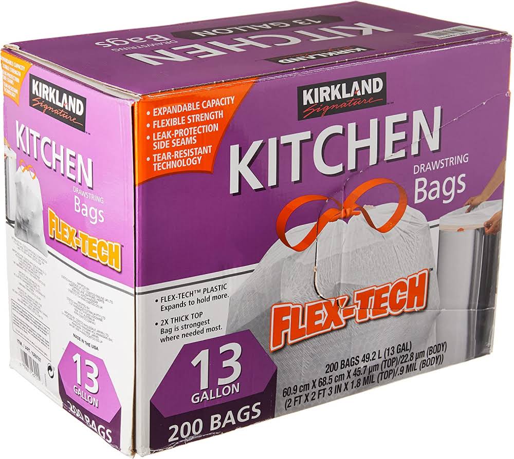 061edd12d63bdc907ee25c1b243878686d0f959b4c07fefae5731b35645c27d0.jpg Kirkland Signature Drawstring Kitchen Trash Bags 13 Gallon 200 Count - Image 1