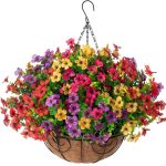 HyeFlora Artificial Faux Hanging Plants Flowers Basket for Spring Outdoor Outside Porch Decoration, Fake Silk Colorful Daisy Eucalyptus in Planter