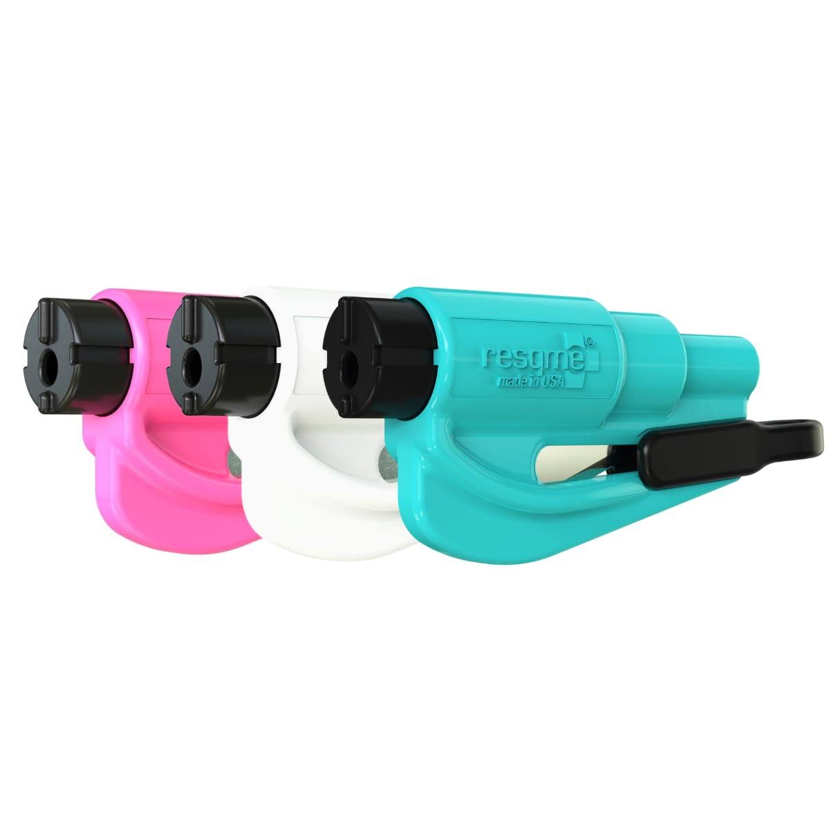 06c0c6ad6759d494d62cdb09d067777e0908b6dc9cde63e2fdf49a7200b89e21.jpg Resqme Family Pack of 3 The Original Emergency Keychain Car Escape Tool, 2-in-1 Seatbelt Cutter and Window Breaker, Made in USA, Pink, White, Teal - - Image 1
