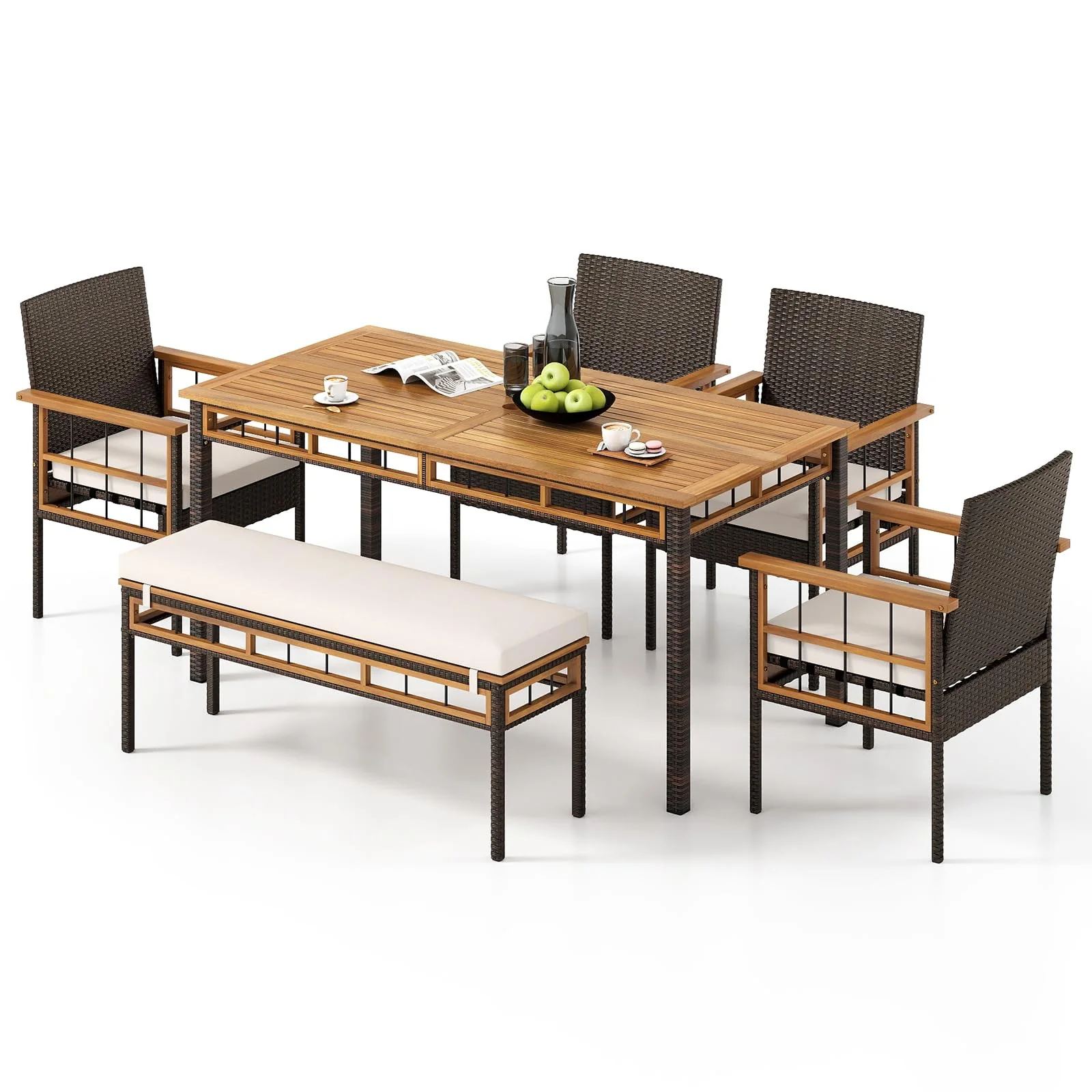 06dcd55509e9f3727e8d9cb42696703ac7cf13944f8ec47f4df56de662680c4b.webp Tangkula 6 Pieces Patio Dining Table Set with 1.97” Umbrella Hole & Cushioned Backless Bench & 4 Armchairs - Image 1