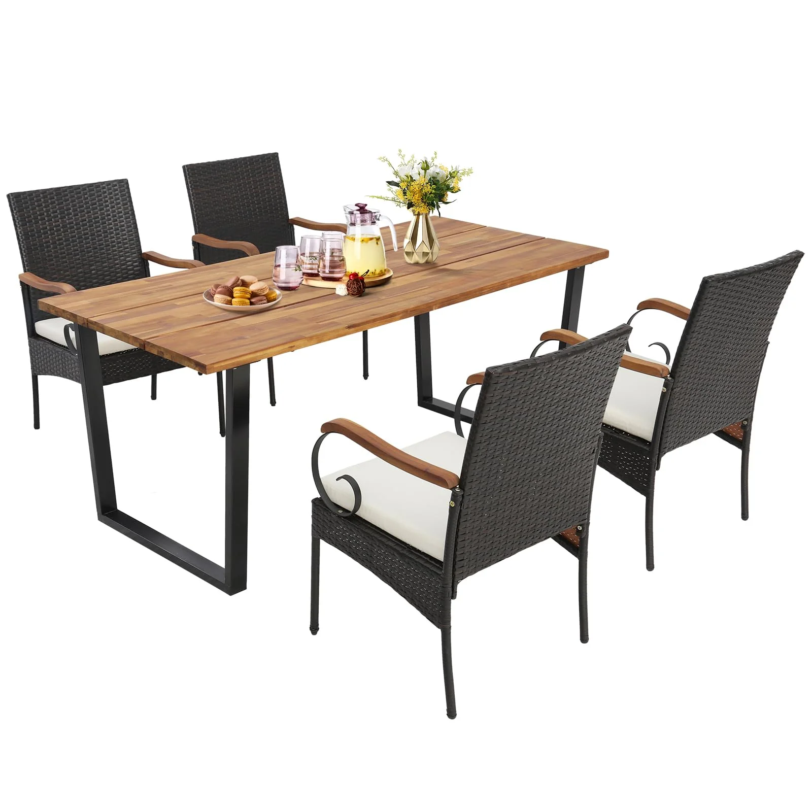 071c80365a566cb01c4f5dba50b8226b3bca81f1432978ab9a4dd1a67bcaa1f9.webp Outdoor Wicker Chair & Dining Table Set, Acacia Wood Tabletop & Armrests, 2” Umbrella Hole - Image 1