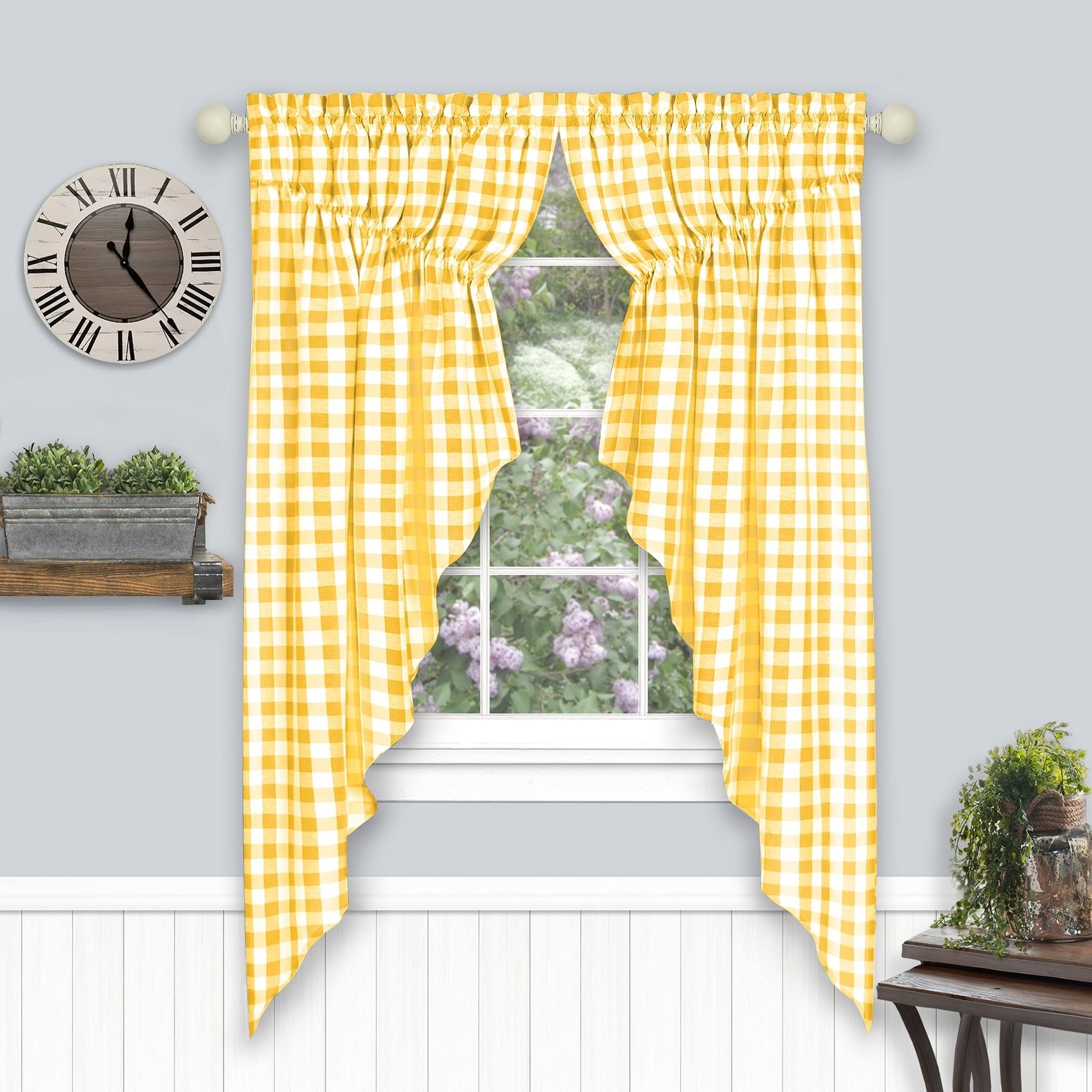 075008dc42a8a84f3719d1ee836d5e6244c819f57a78f4c1c81bff0dd223d4e6.jpg Buffalo Check Gathered Swag Window Curtain Pair, 72x63 Inches - Yellow - Image 1