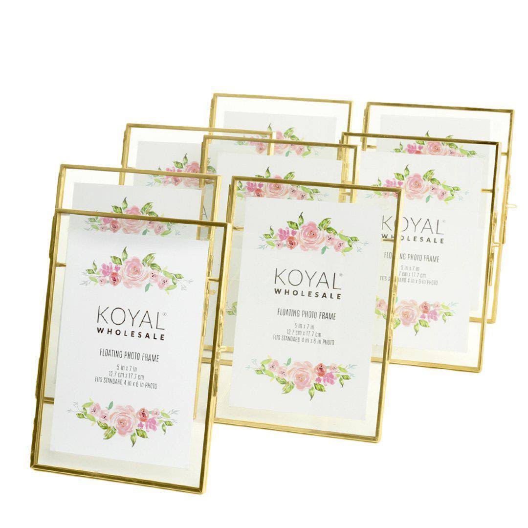 07982ec5c0b079807a71969429a421d20b2669b0a4a42d9b09a6b2d30cbc1c55.jpg Koyal Wholesale Pressed Glass Floating Photo Frames 5 x 7 Frame Gold 8-Pack with Stands Use Horizontal or Vertical - Image 1