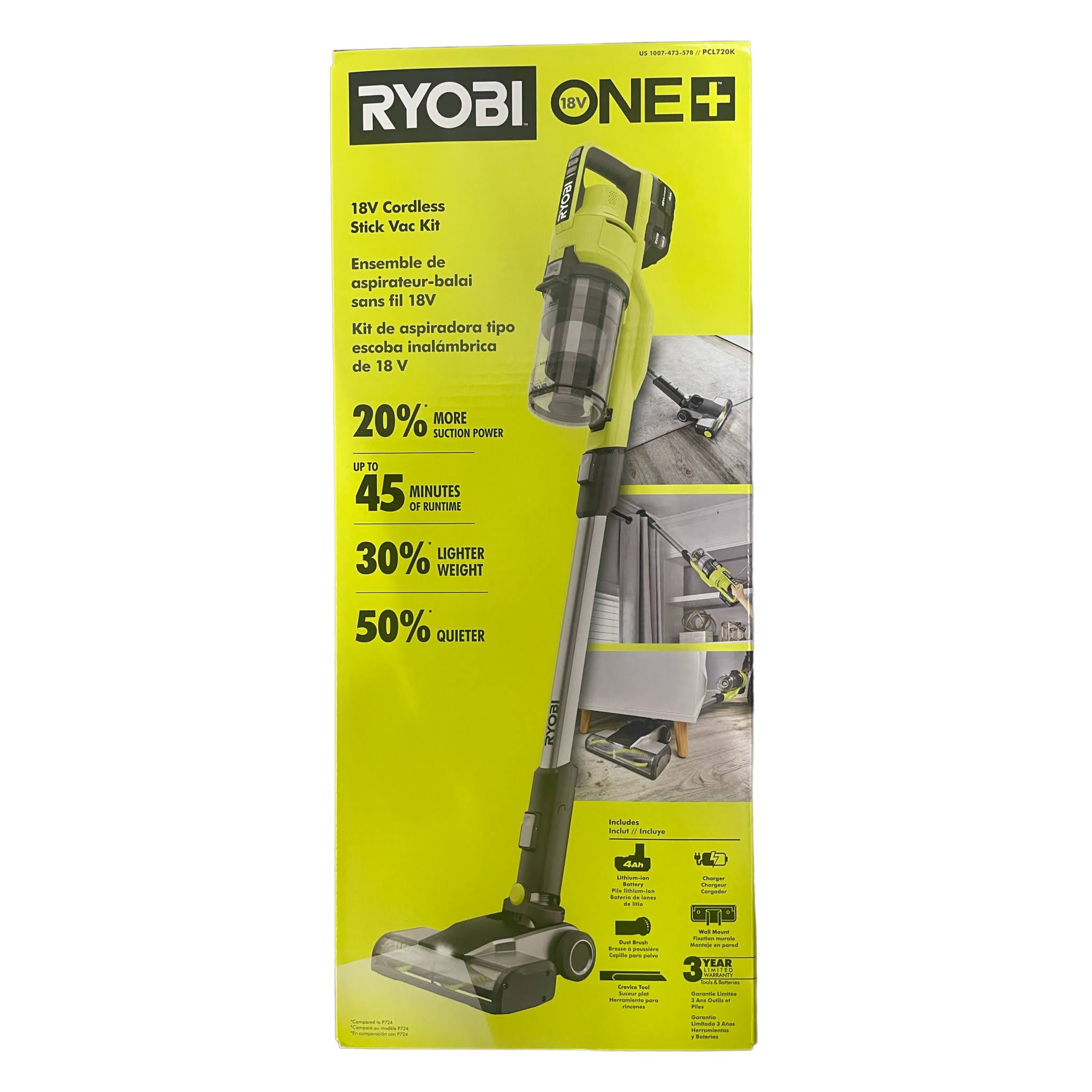 07c6e2669b14664cb6f4f4047e370e69f97b082d24d66f429b3f1bcb59ee726c.jpg Ryobi PCL720K One+ 18V Cordless Stick Vacuum Cleaner Kit with 4.0 Ah Battery and Charger - Image 1