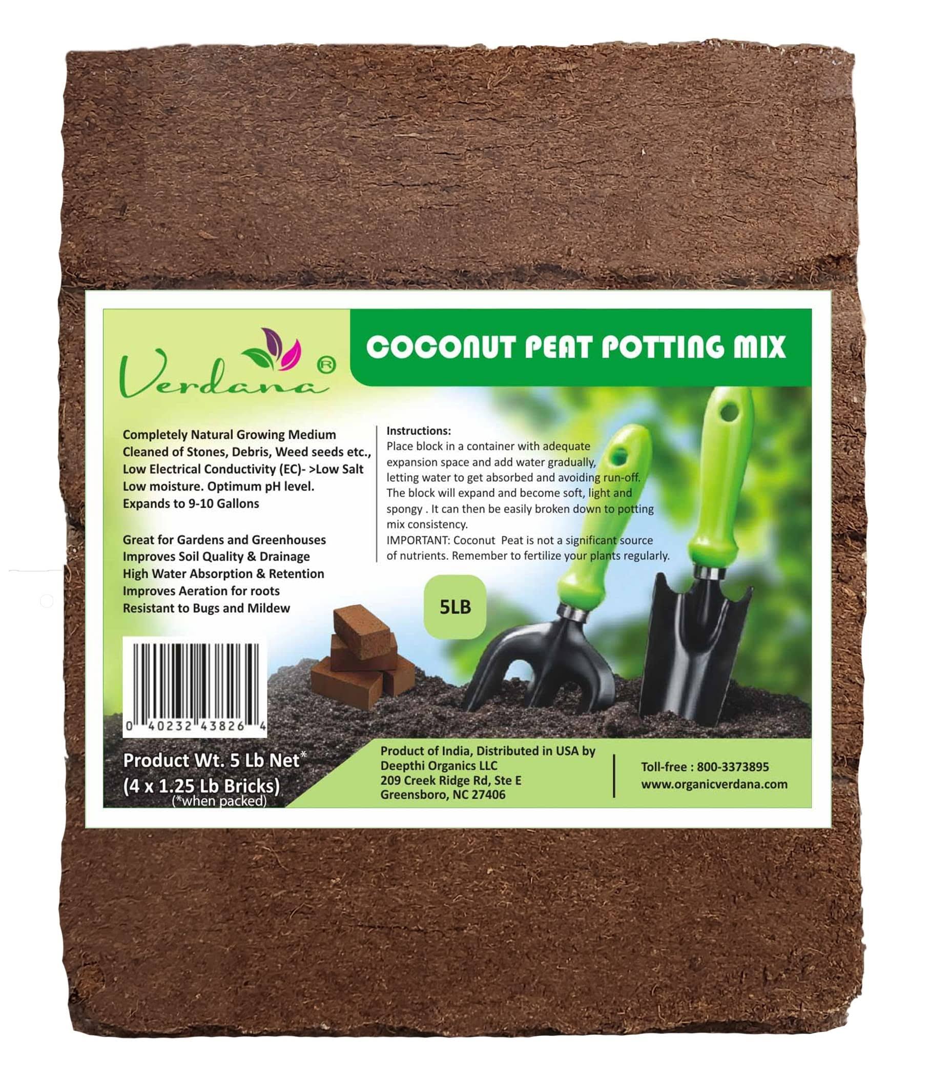 081ead10c29dc162c5a2d08706b4412524f72e61a07cfbab194934409246a002.jpg Verdana Coconut Fiber Potting Mix ÿ 5 lb Pack - 4X 1.25 lb Compressed Bricks - Coco Peat, Coir Pith - Alternative to Peat Moss ÿ Soilless Growing - Image 1